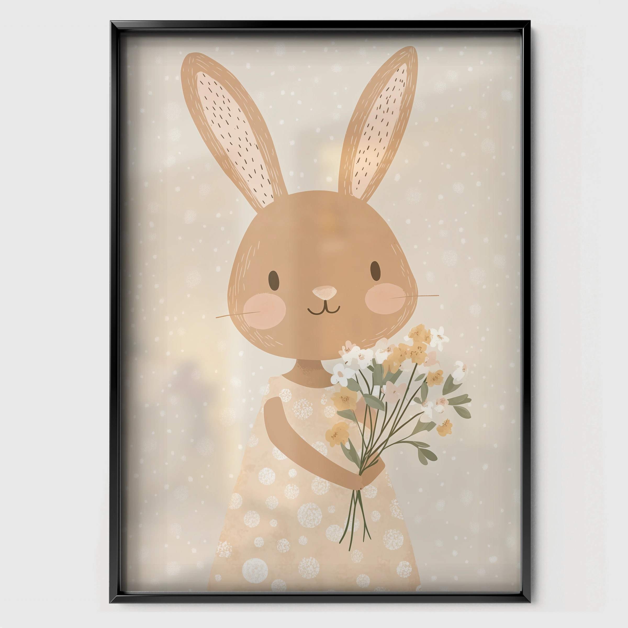 Bunny with Flowers Two Nursery Print - black framed nursery wall art print
