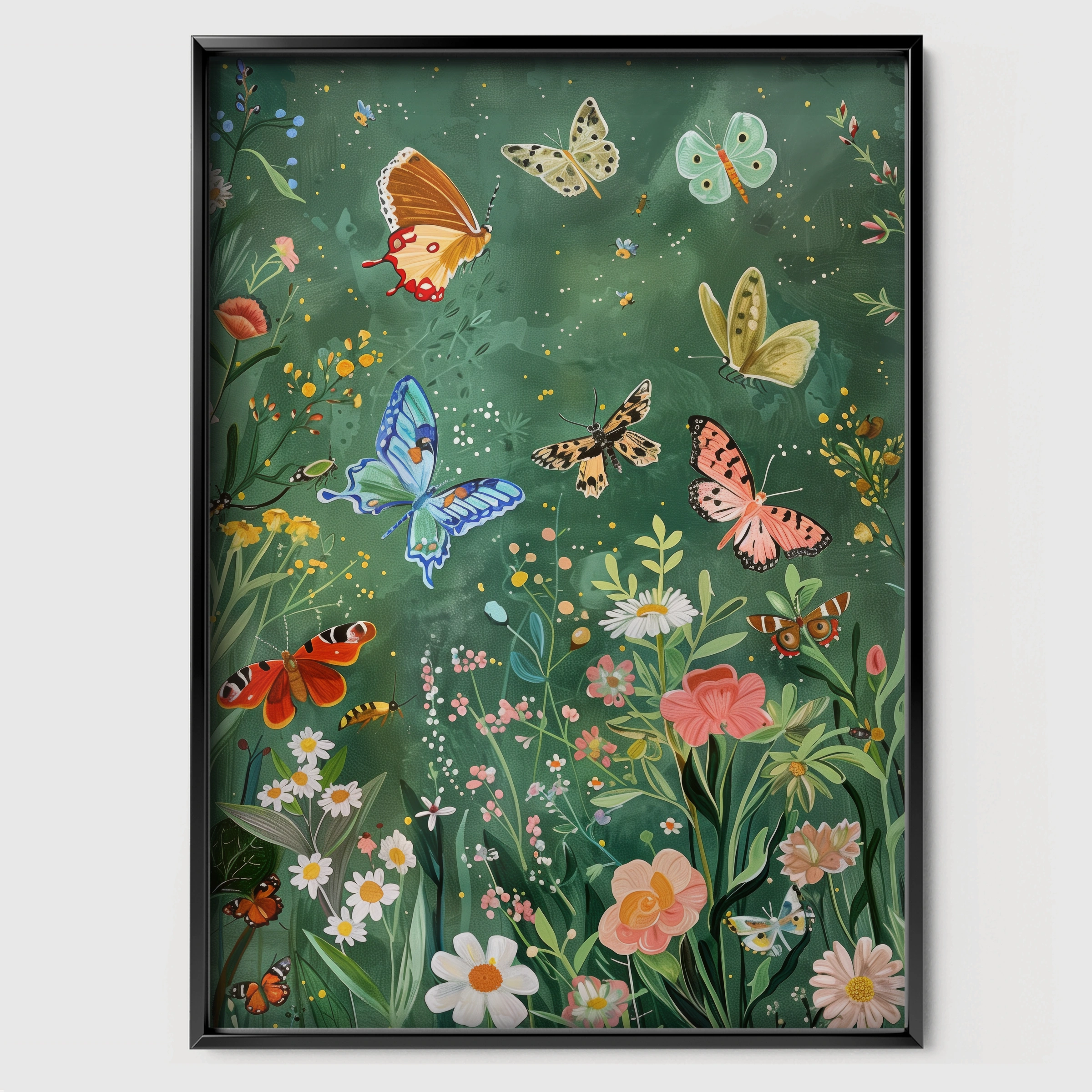 Butterfly Meadow Nursery Print - black framed nursery wall art print