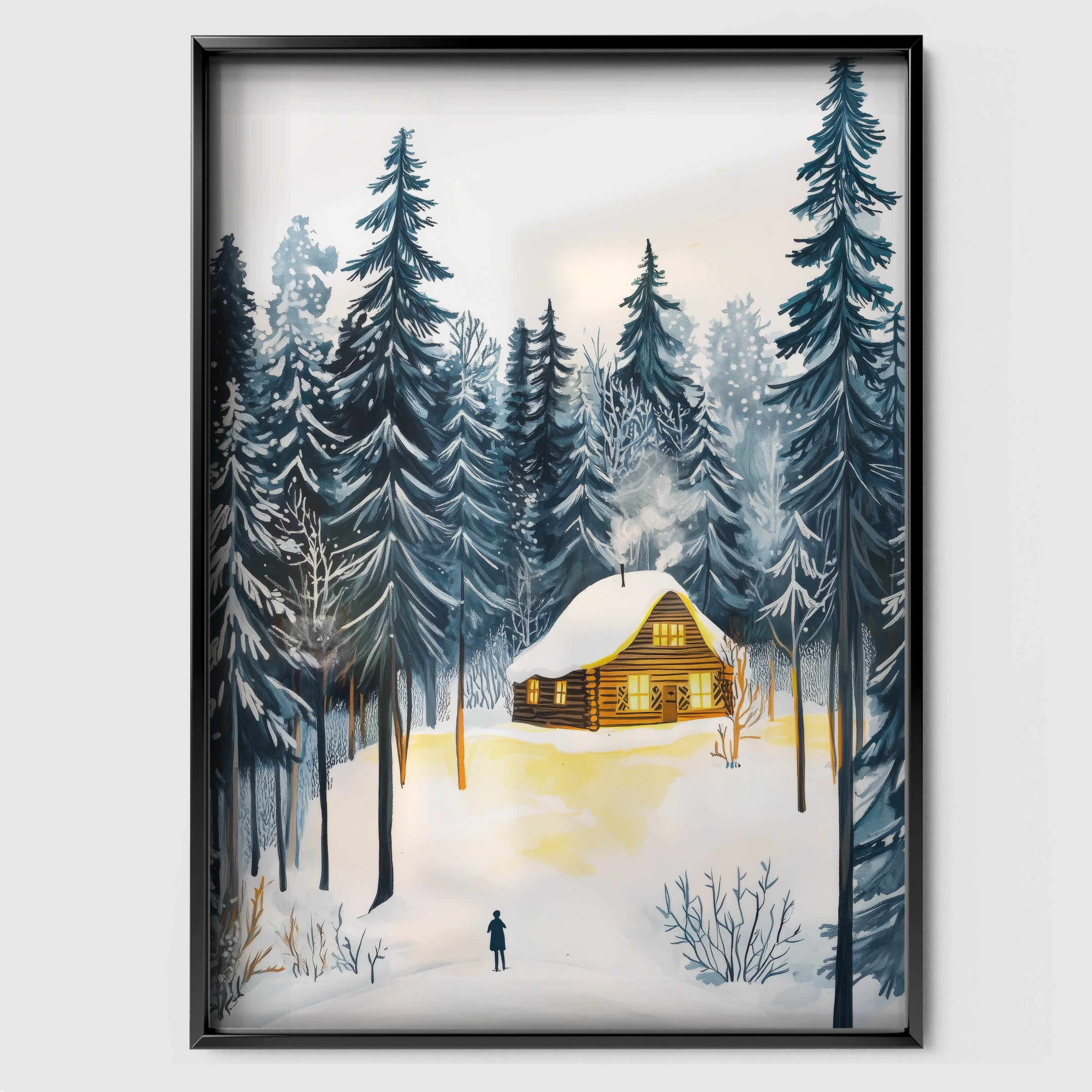 Cabin in the Forest Christmas Print - black framed nursery wall art print