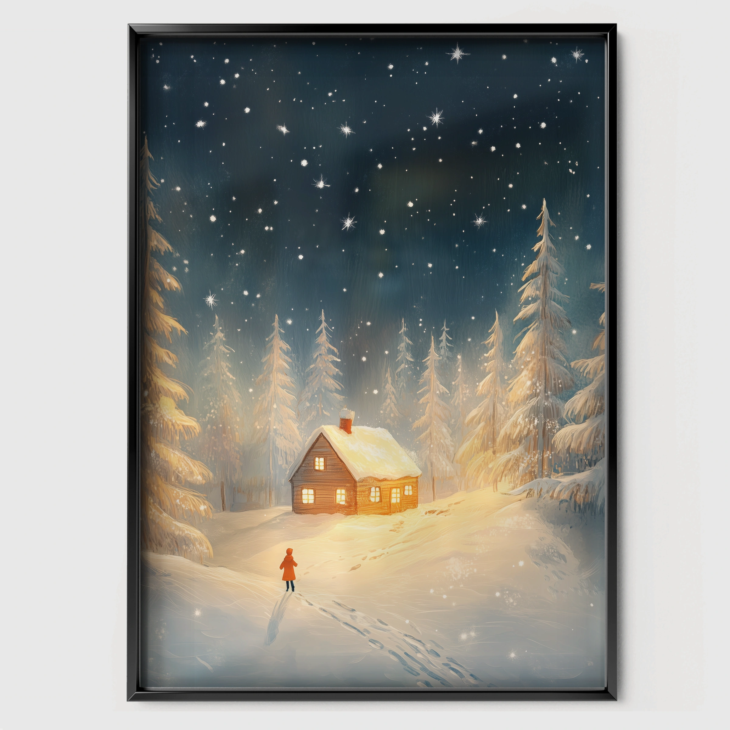 Cabin in the Snow Christmas Print - black framed nursery wall art print