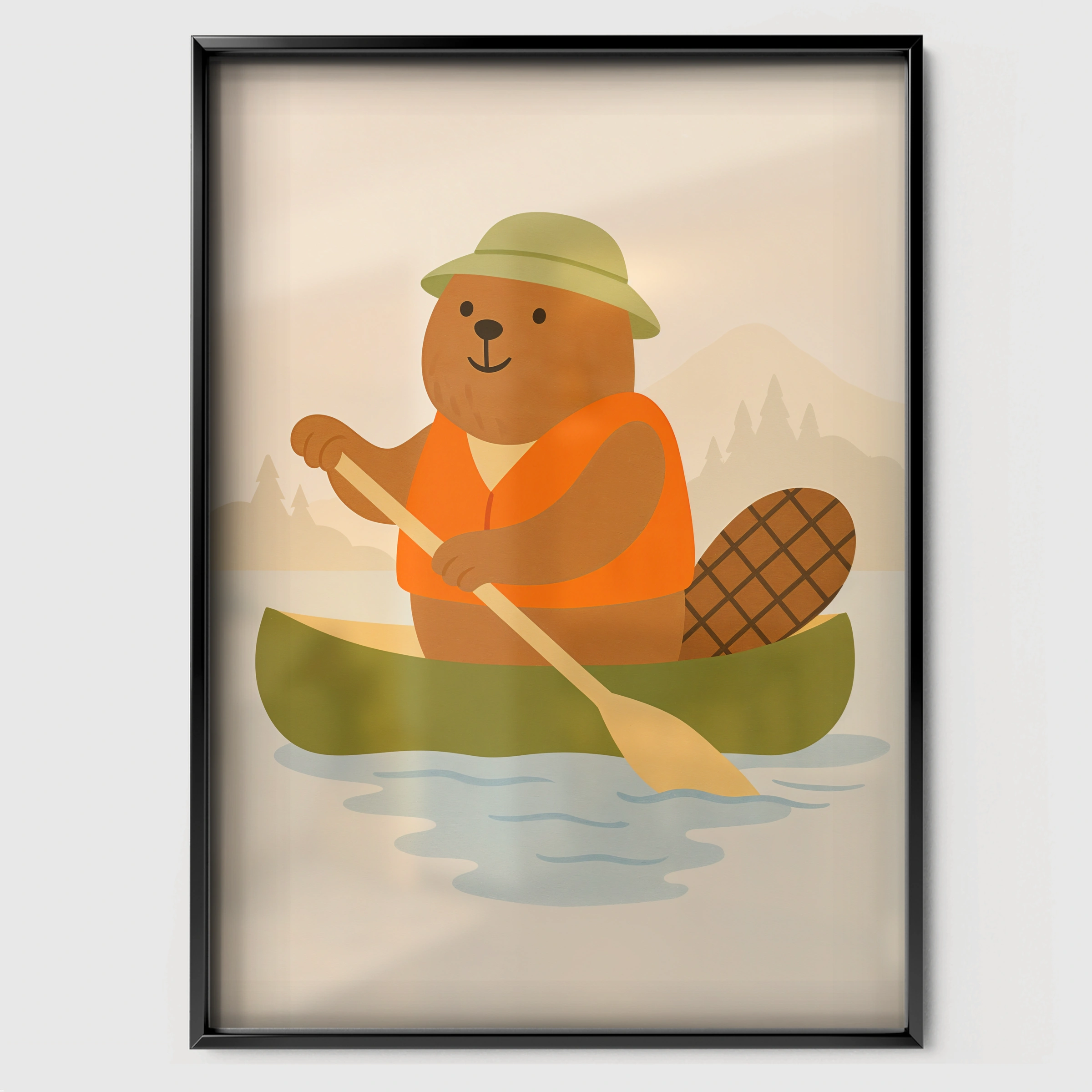Canoeing Bear Nursery Print - black framed nursery wall art print