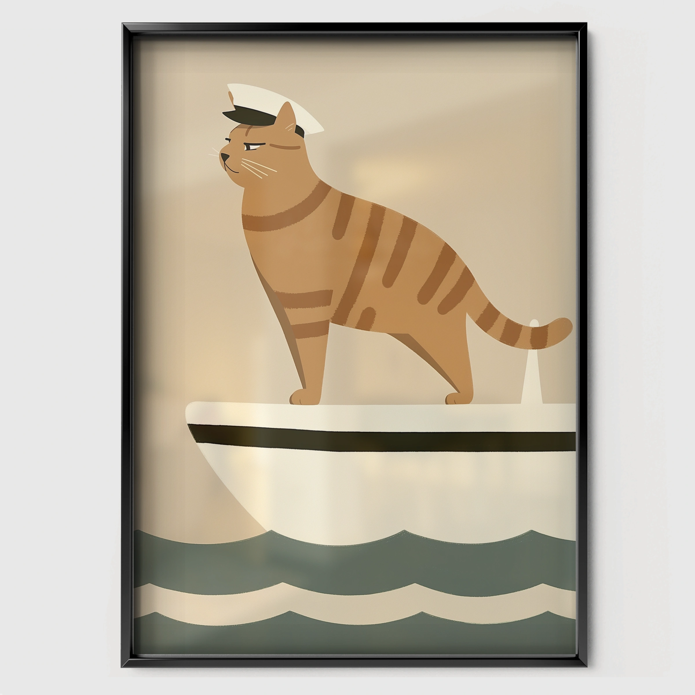 Captain Cat on a Boat Nursery Print - black framed nursery wall art print