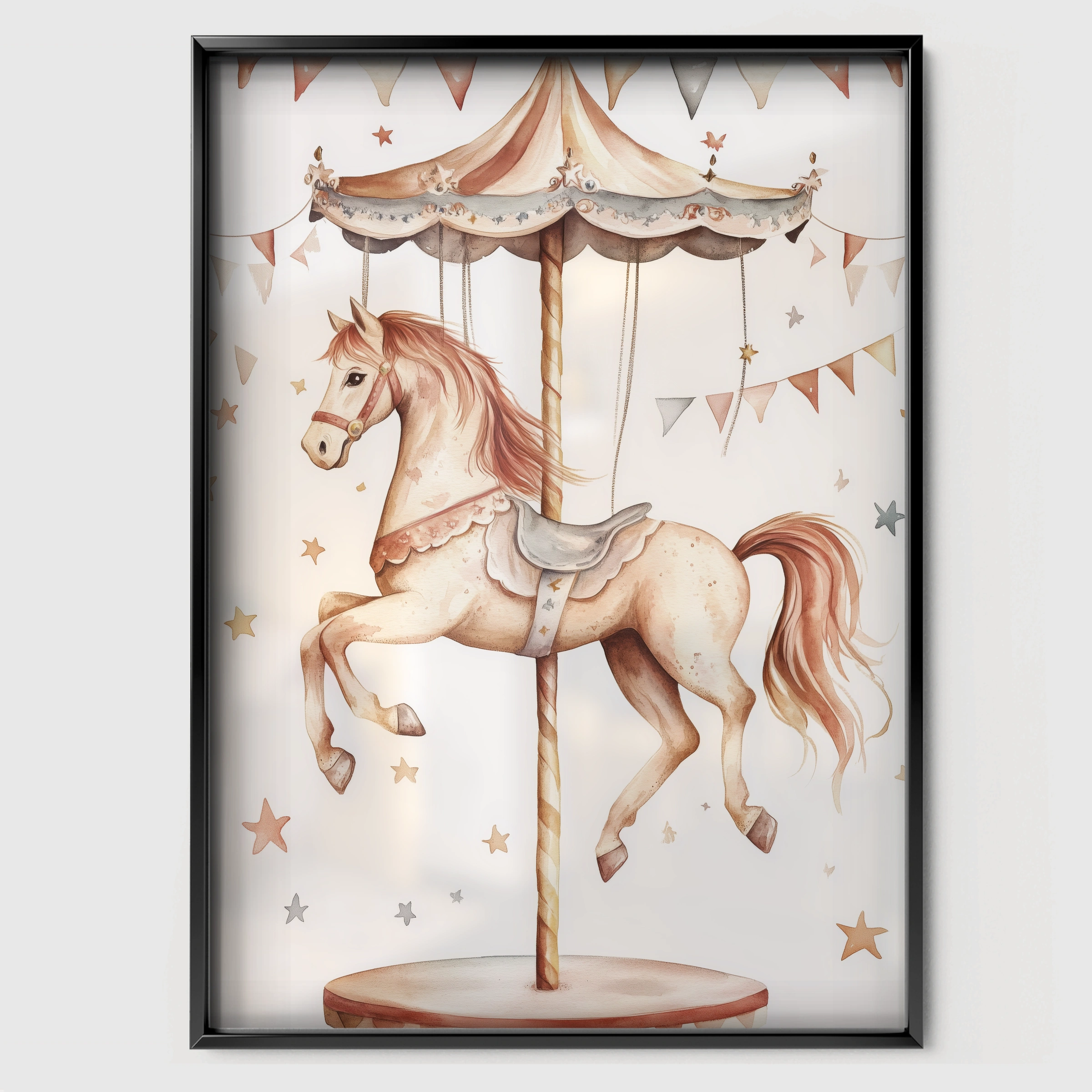 Carousel Horse Nursery Print - black framed nursery wall art print