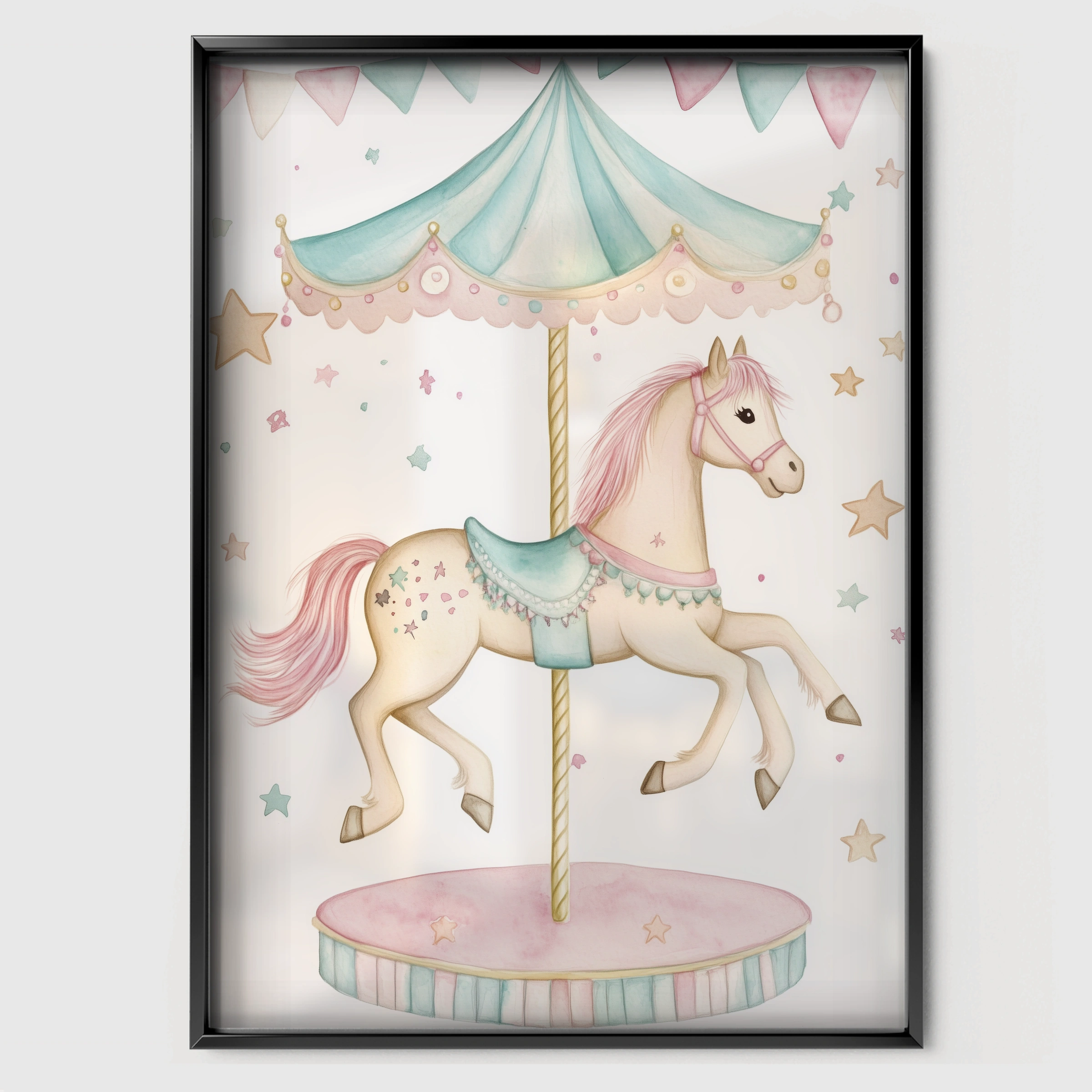 Carousel Horse Two Nursery Print - black framed nursery wall art print