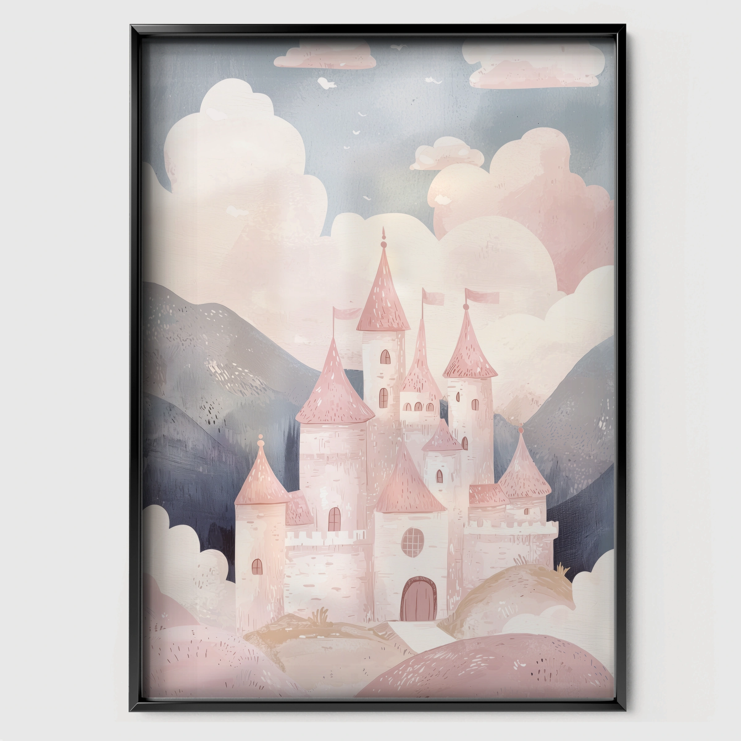 Castle in the Clouds Nursery Print - black framed nursery wall art print
