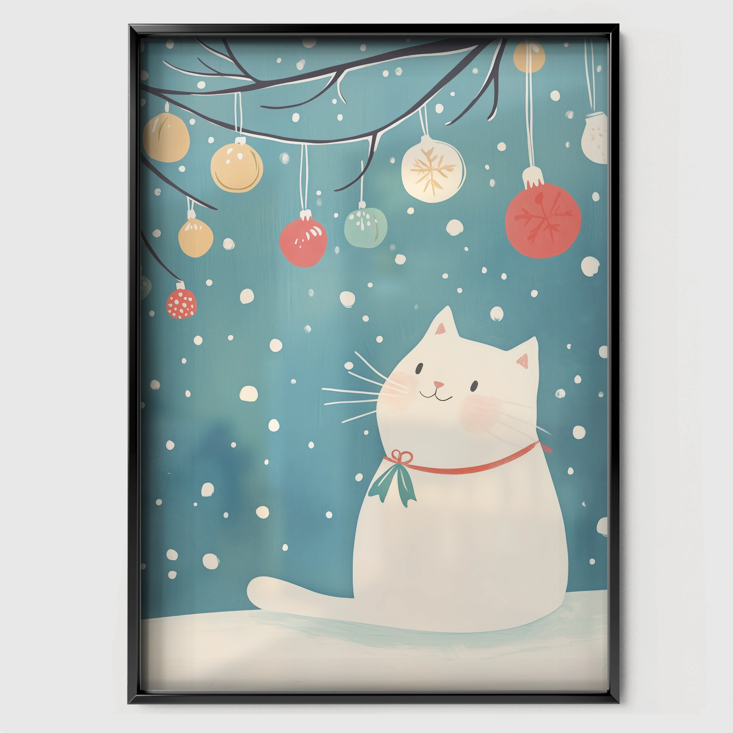 Cat and Ornaments Christmas Print - black framed nursery wall art print