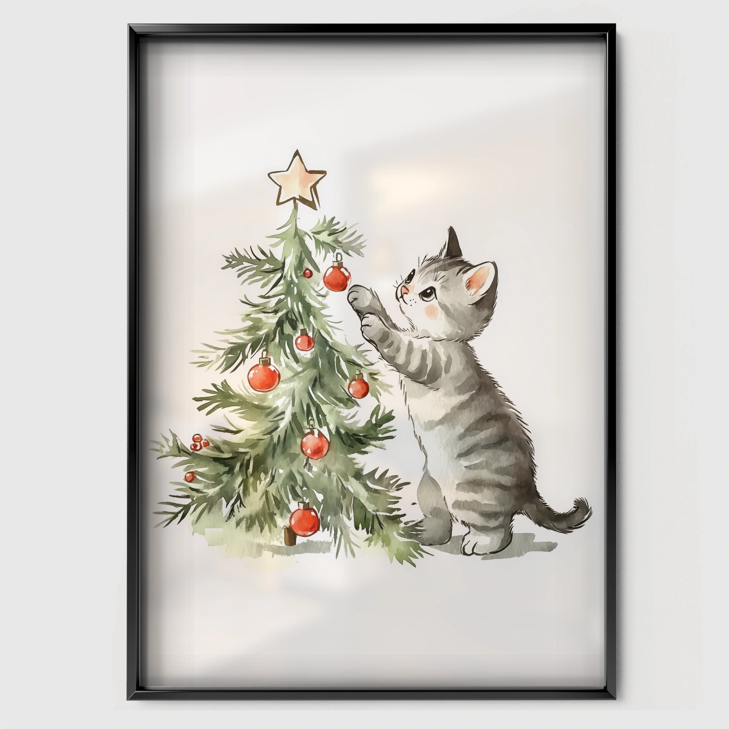 Cat and the Christmas Tree Print - black framed nursery wall art print