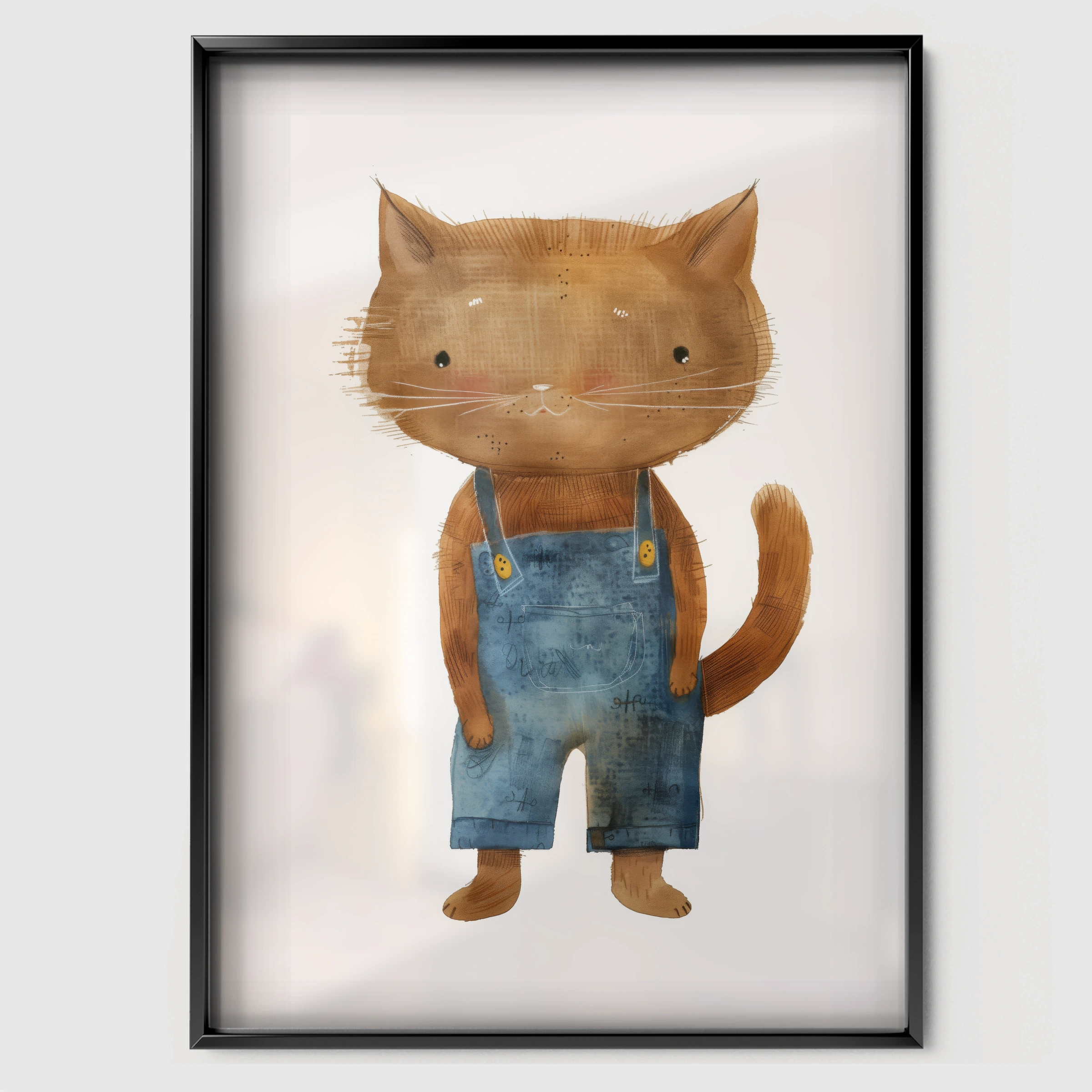 Cat in Overalls Nursery Print - black framed nursery wall art print