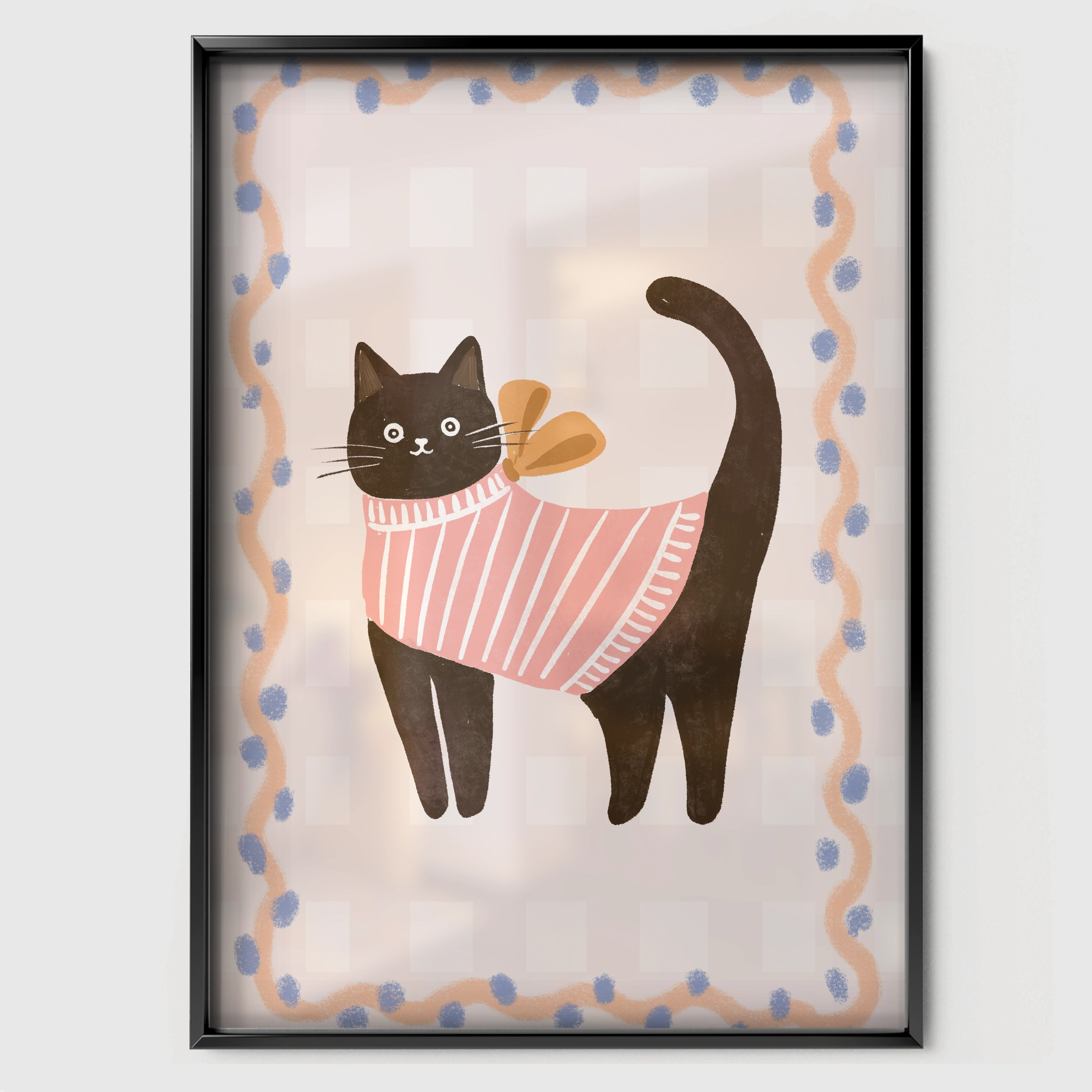 Cat on a Cushion Nursery Print - black framed nursery wall art print