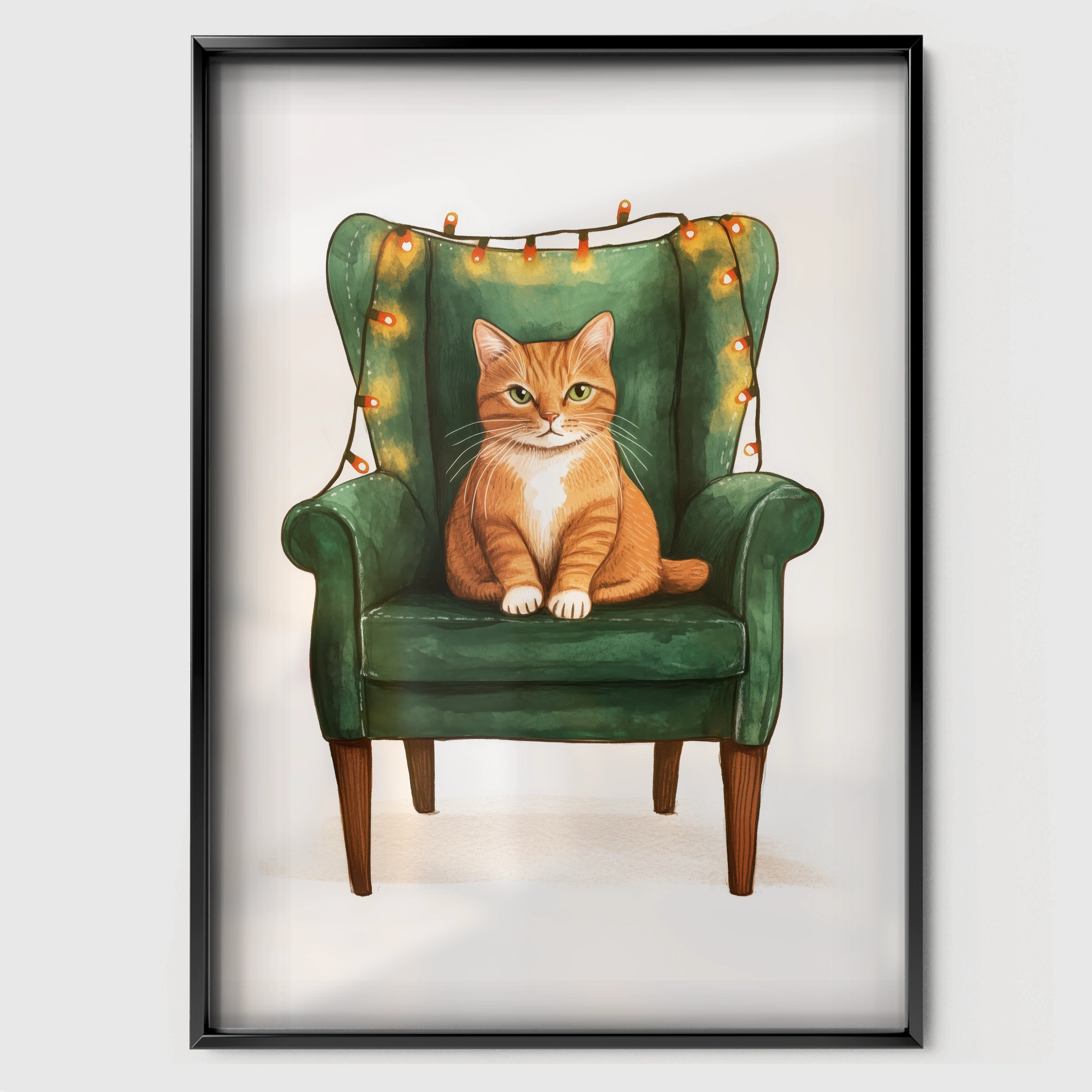 Cat on a Green Chair Christmas Print - black framed nursery wall art print