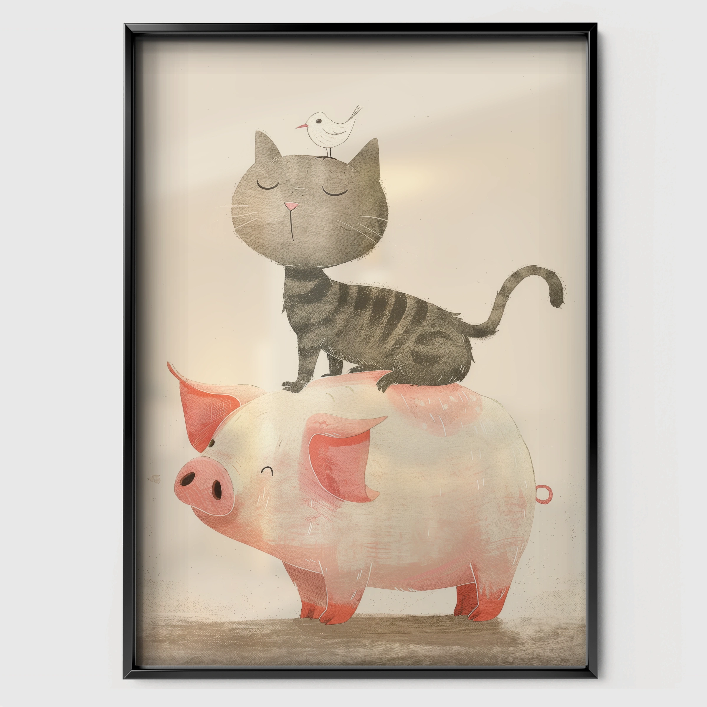 Cat on a Pig Nursery Print - black framed nursery wall art print