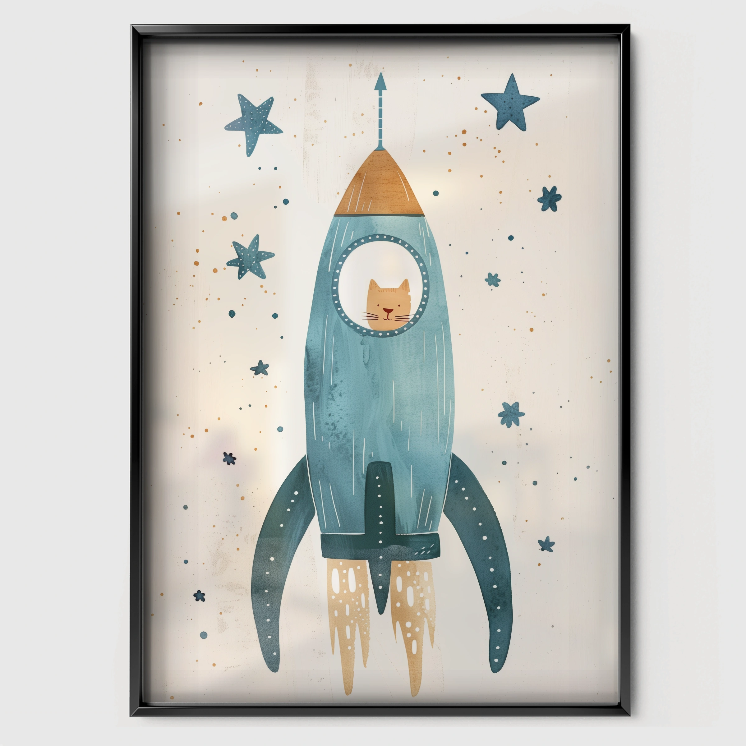 Cat Rocket Nursery Print - black framed nursery wall art print