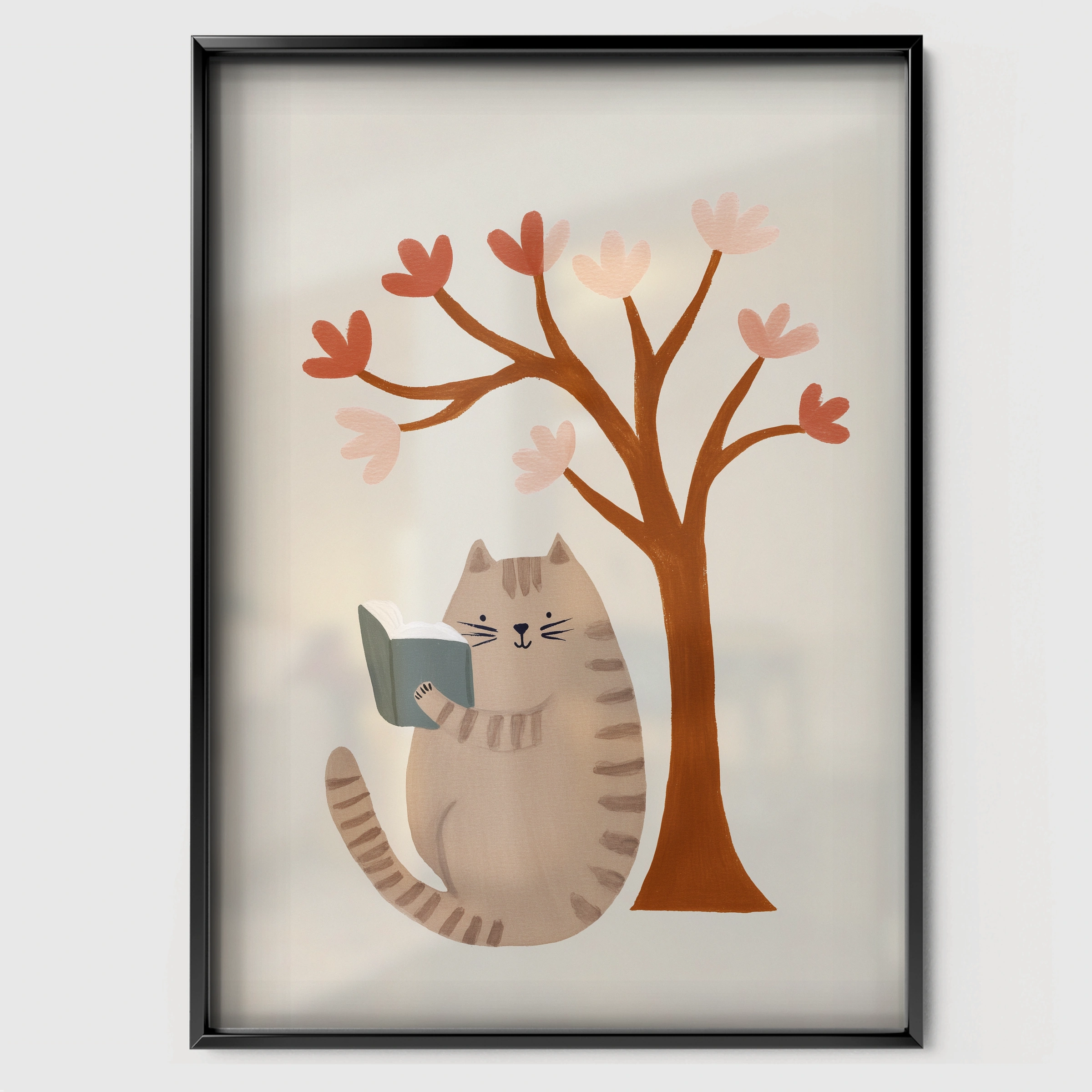 Cat Under a Tree Nursery Print - black framed nursery wall art print