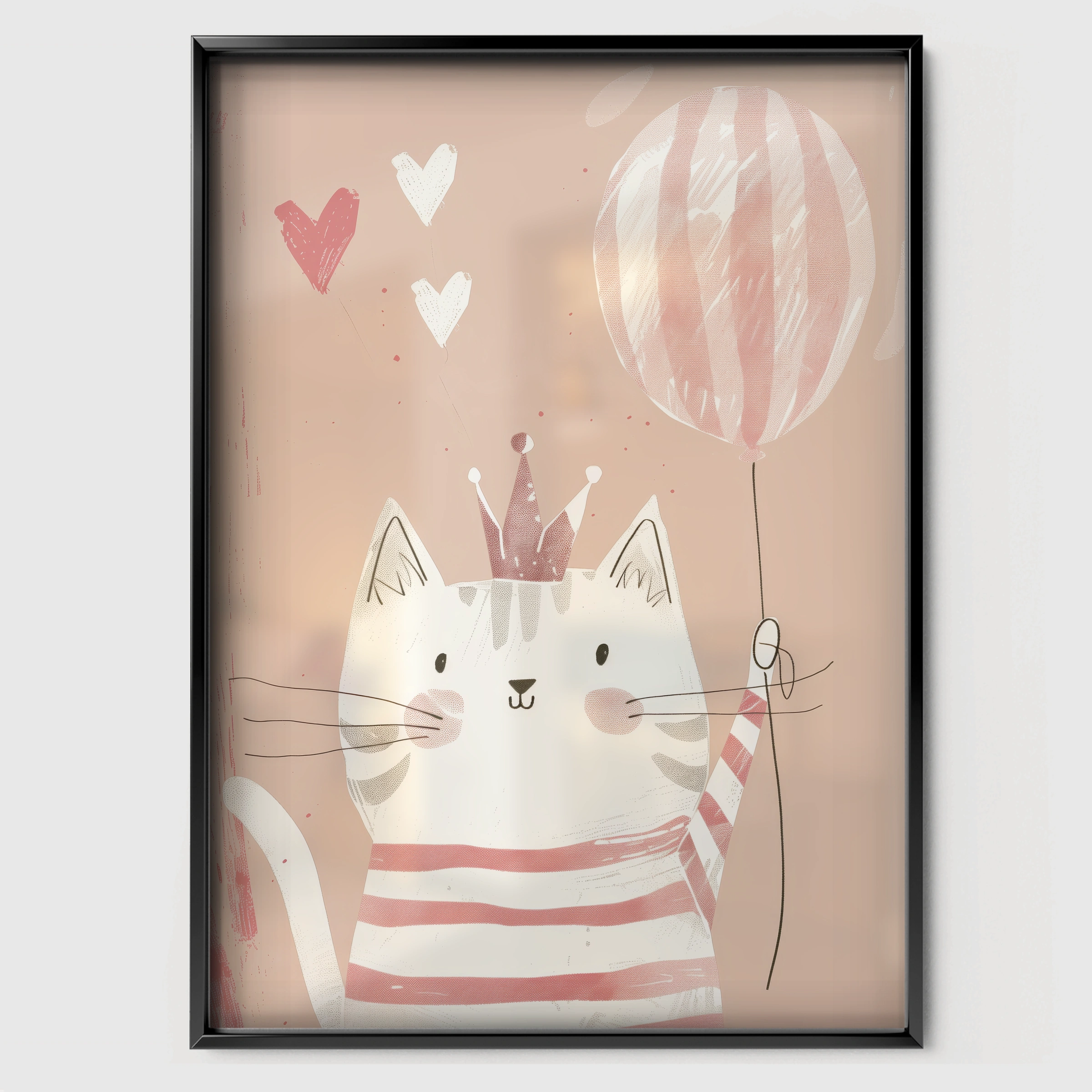 Cat with a Balloon Nursery Print - black framed nursery wall art print