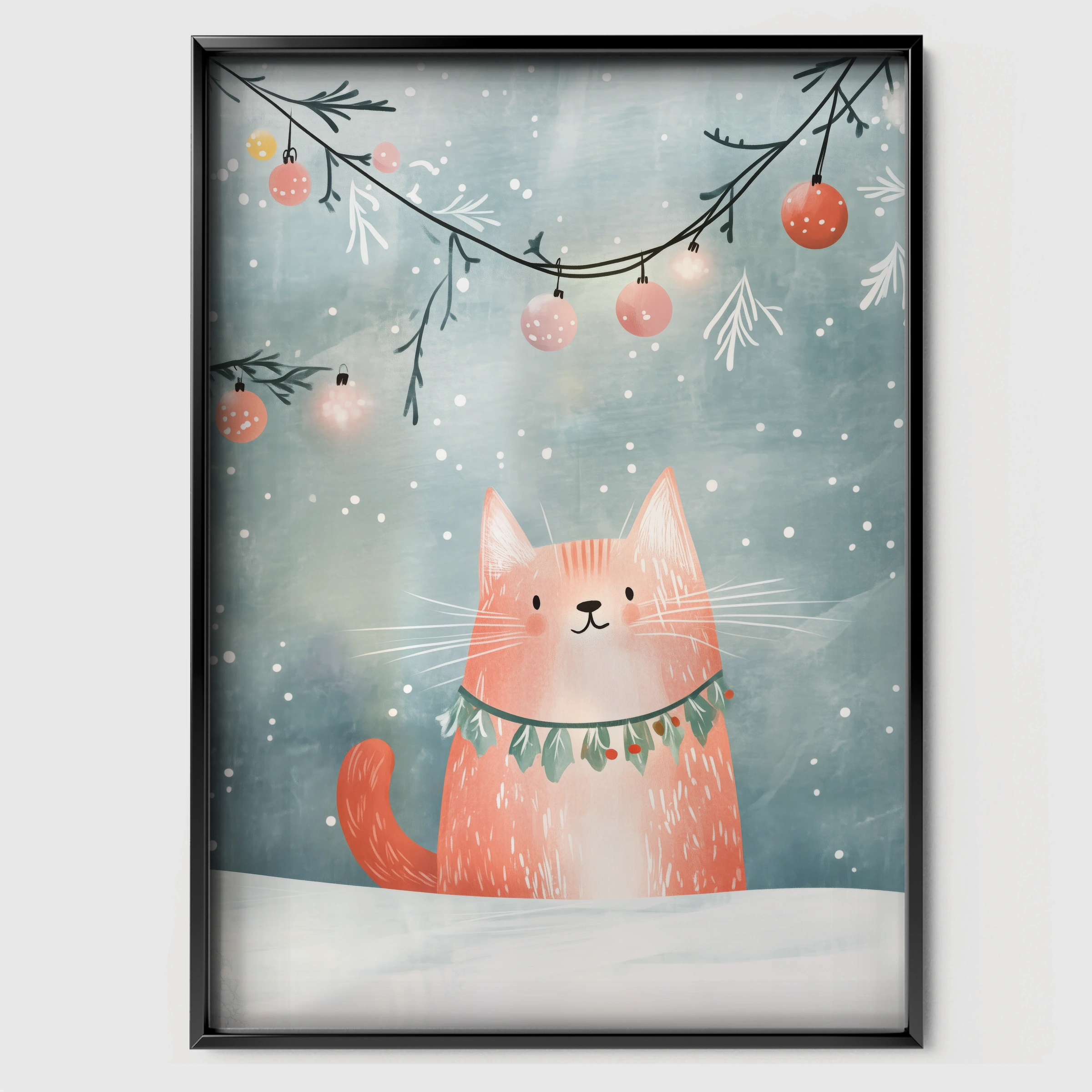 Cat with a Garland Christmas Print - black framed nursery wall art print