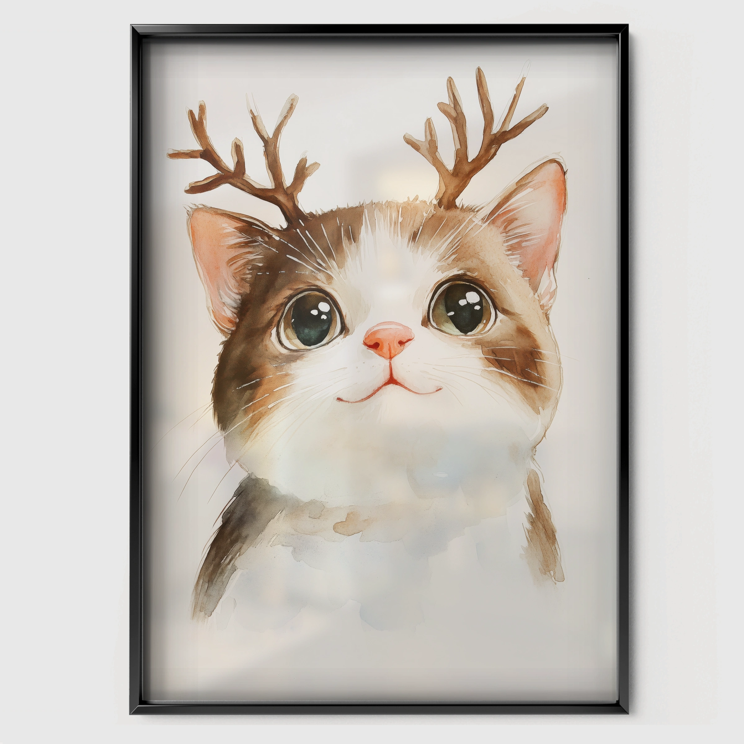 Cat with Antlers Christmas Print - black framed nursery wall art print