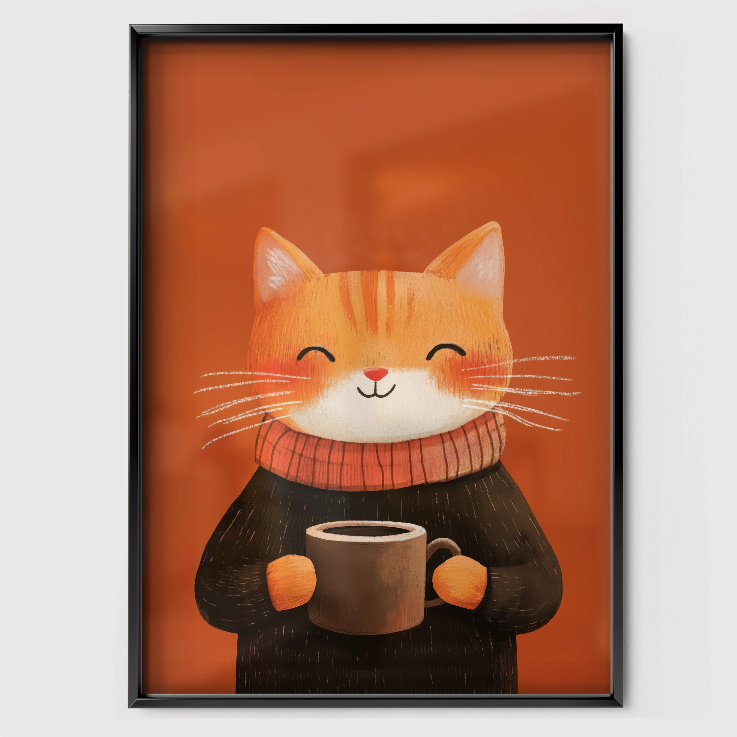 Cat with Cocoa Christmas Print - black framed nursery wall art print