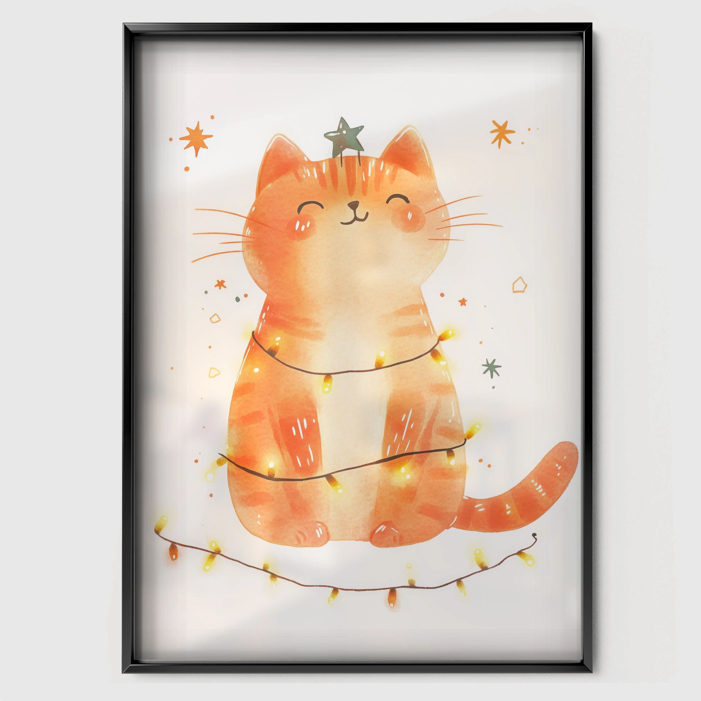 Cat with Fairy Lights Christmas Print - black framed nursery wall art print