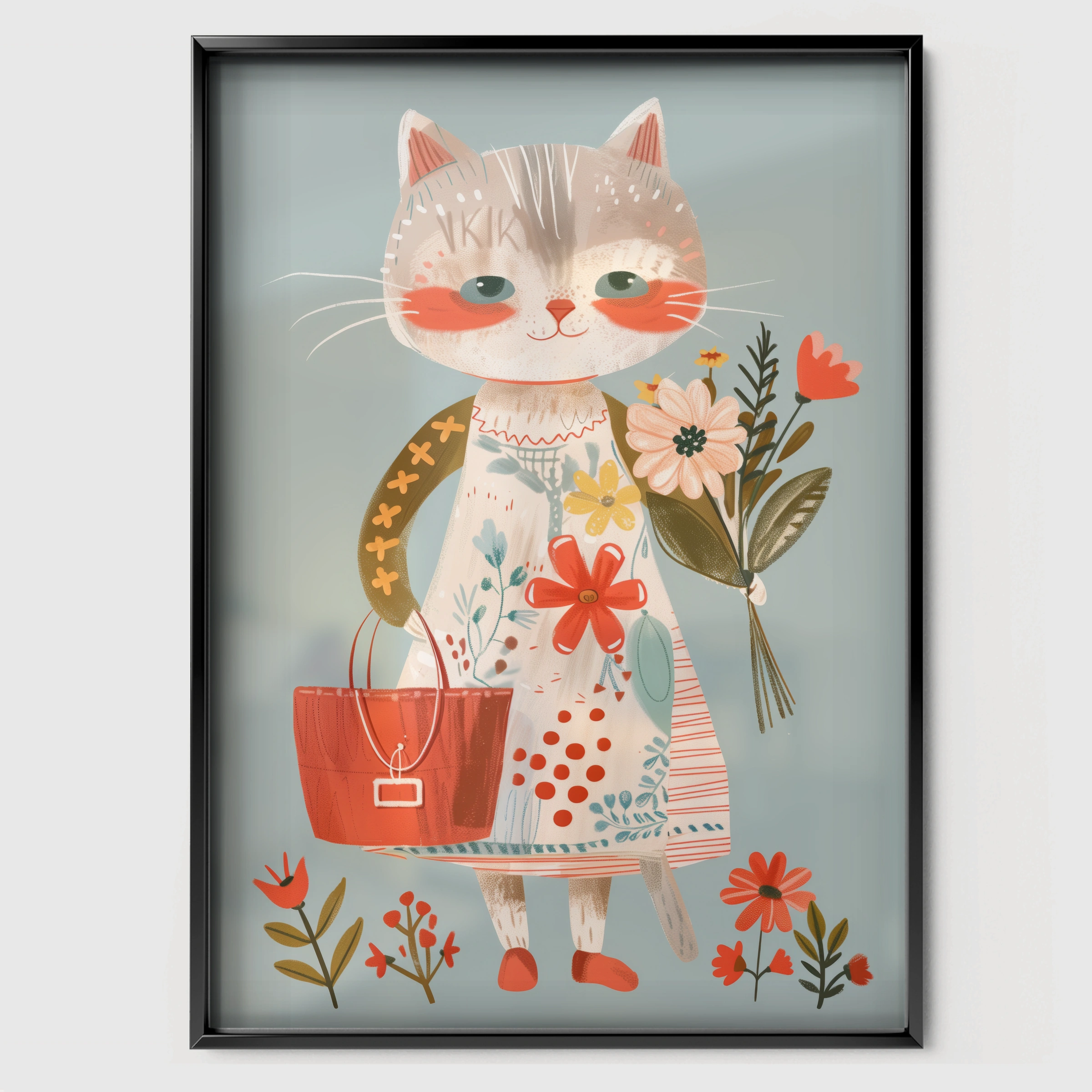 Cat with Flowers Nursery Print - black framed nursery wall art print