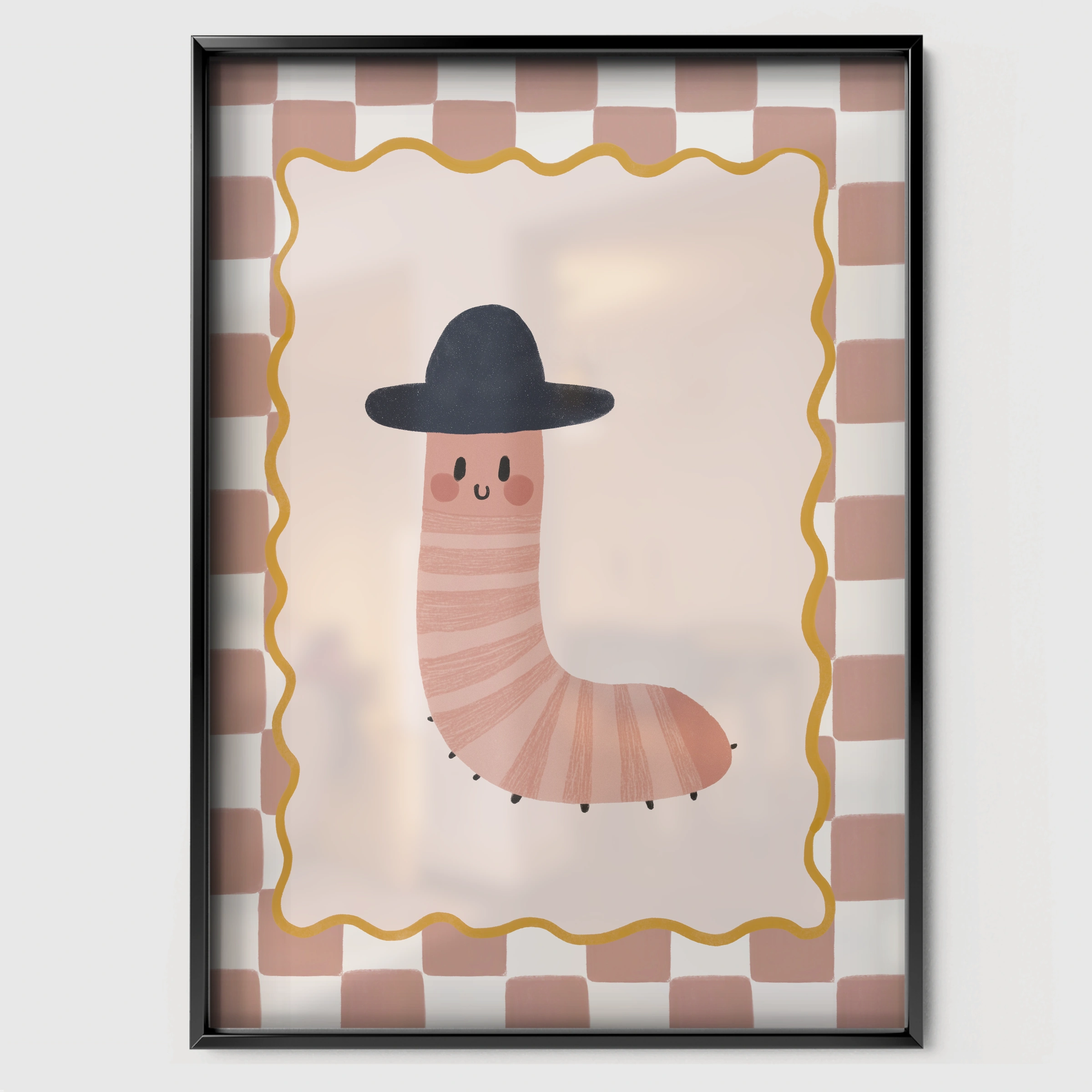 Caterpillar in a Hat Nursery Print - black framed nursery wall art print