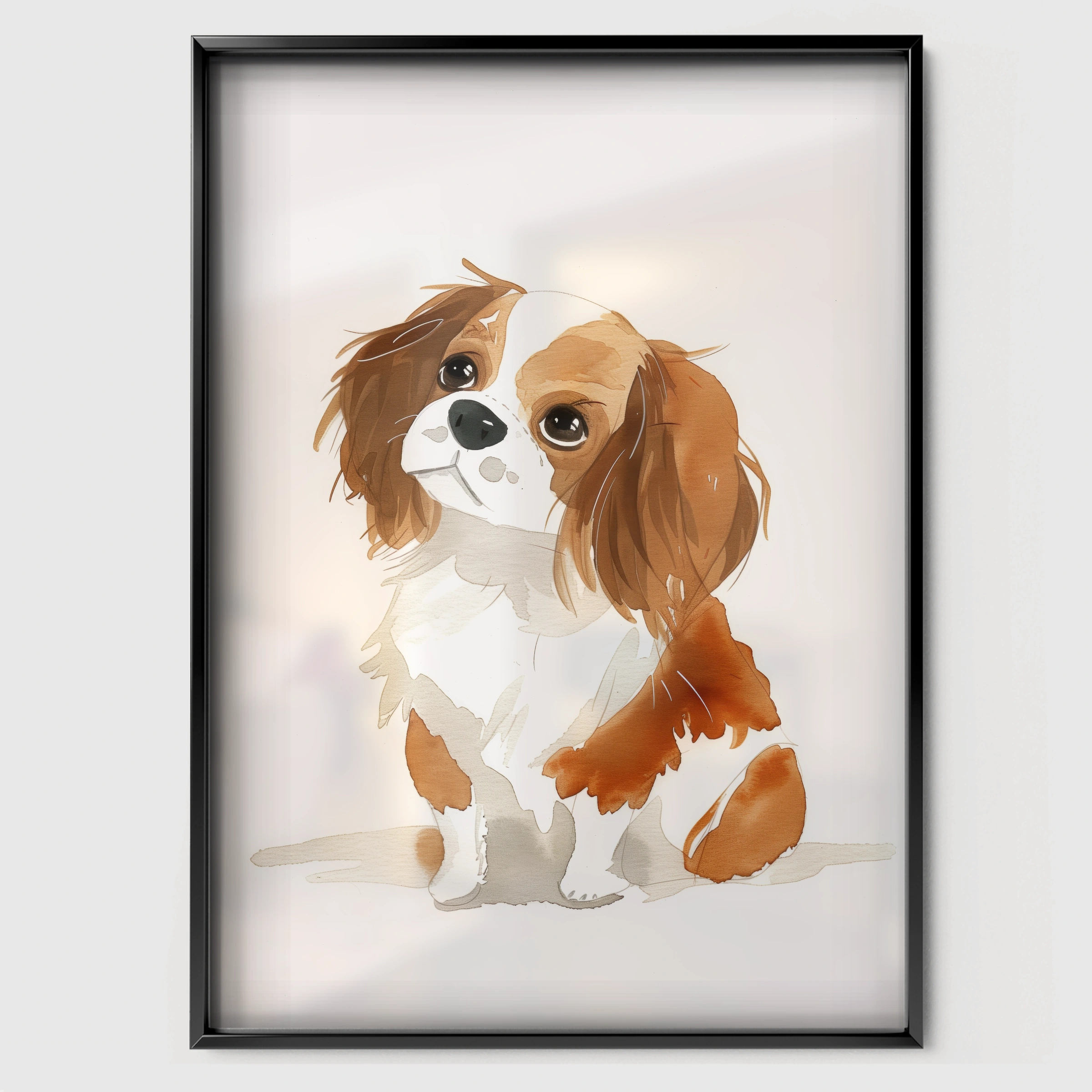 Cavalier Puppy Nursery Print - black framed nursery wall art print