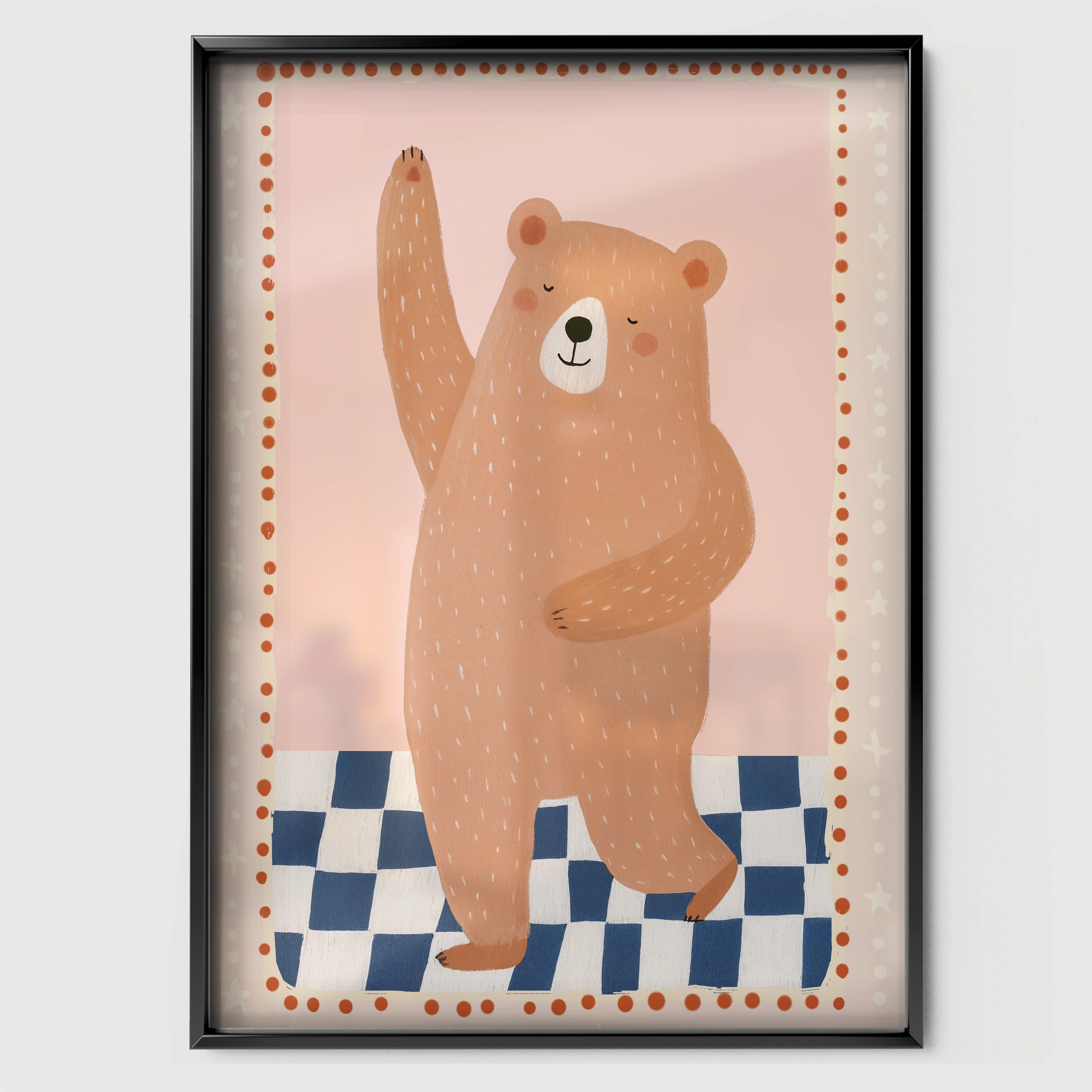 Checkerboard Bear Nursery Print - black framed nursery wall art print