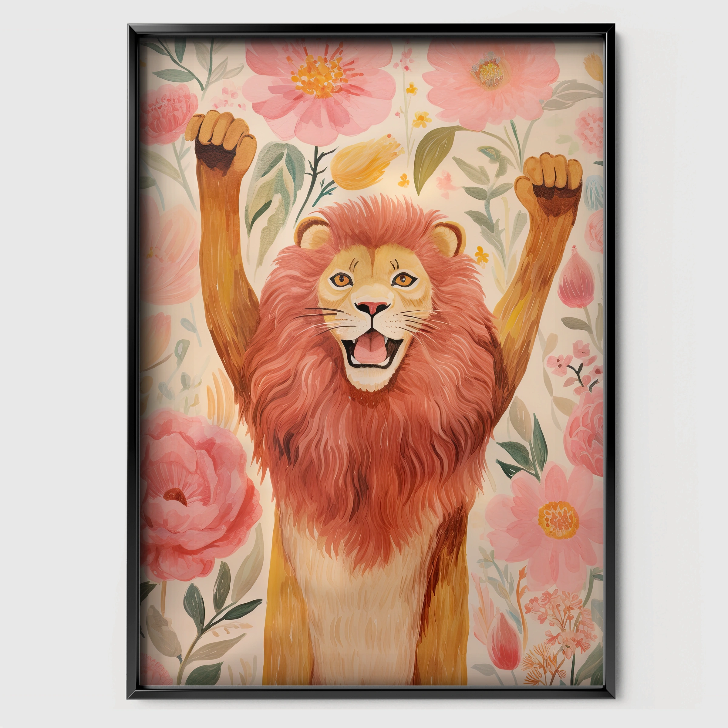 Cheering Lion Nursery Print - black framed nursery wall art print