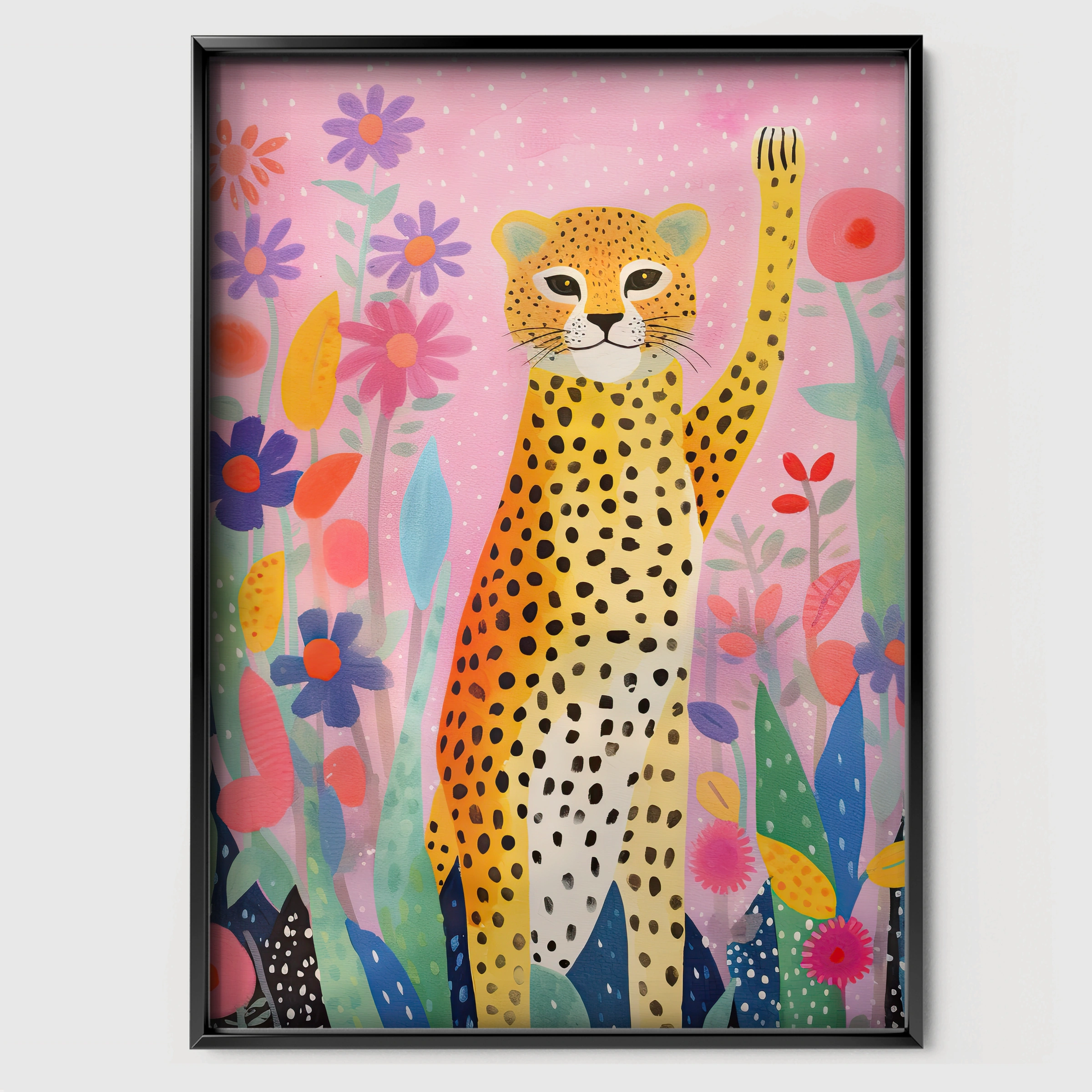 Cheetah in Flowers Nursery Print - black framed nursery wall art print