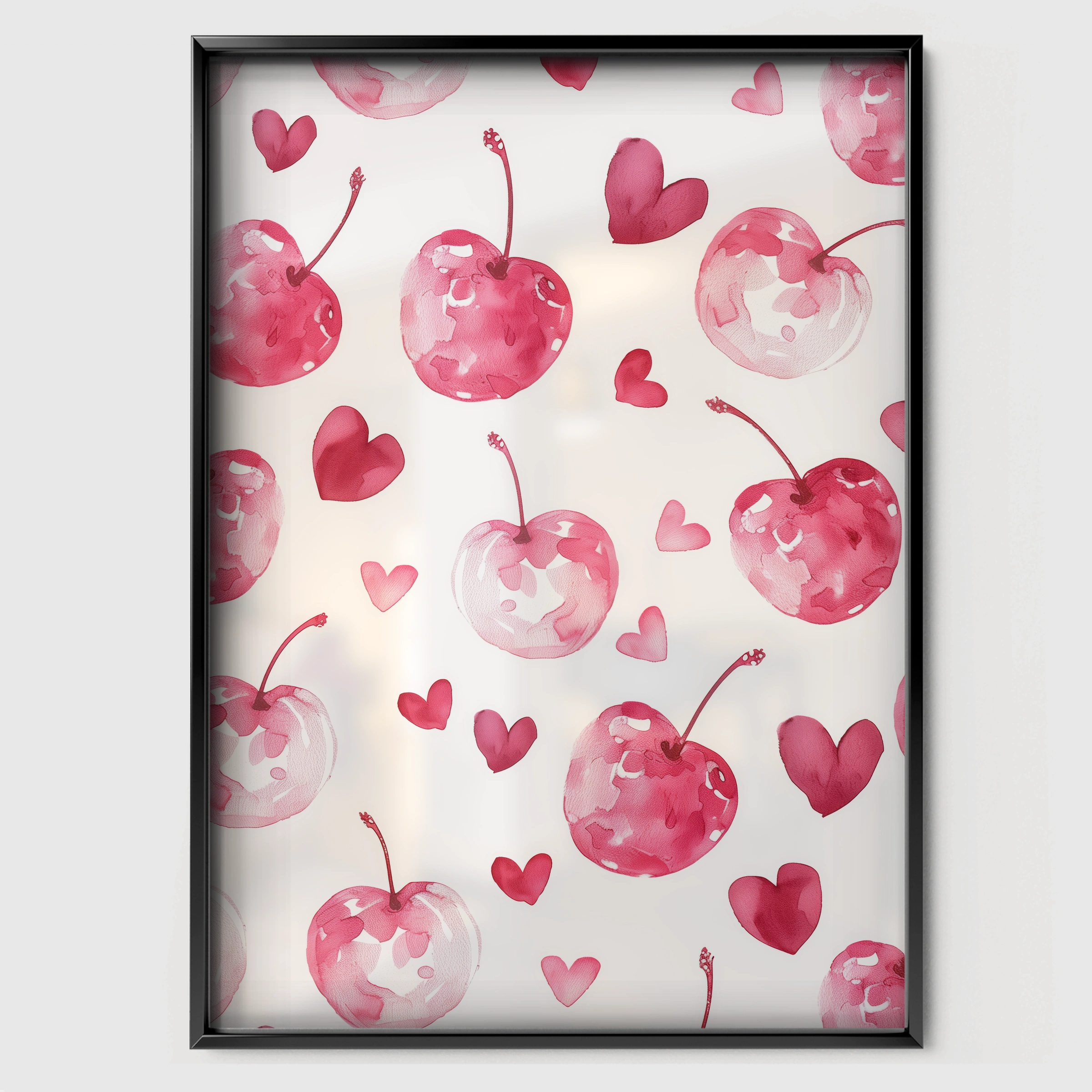 Cherries and Hearts Nursery Print - black framed nursery wall art print