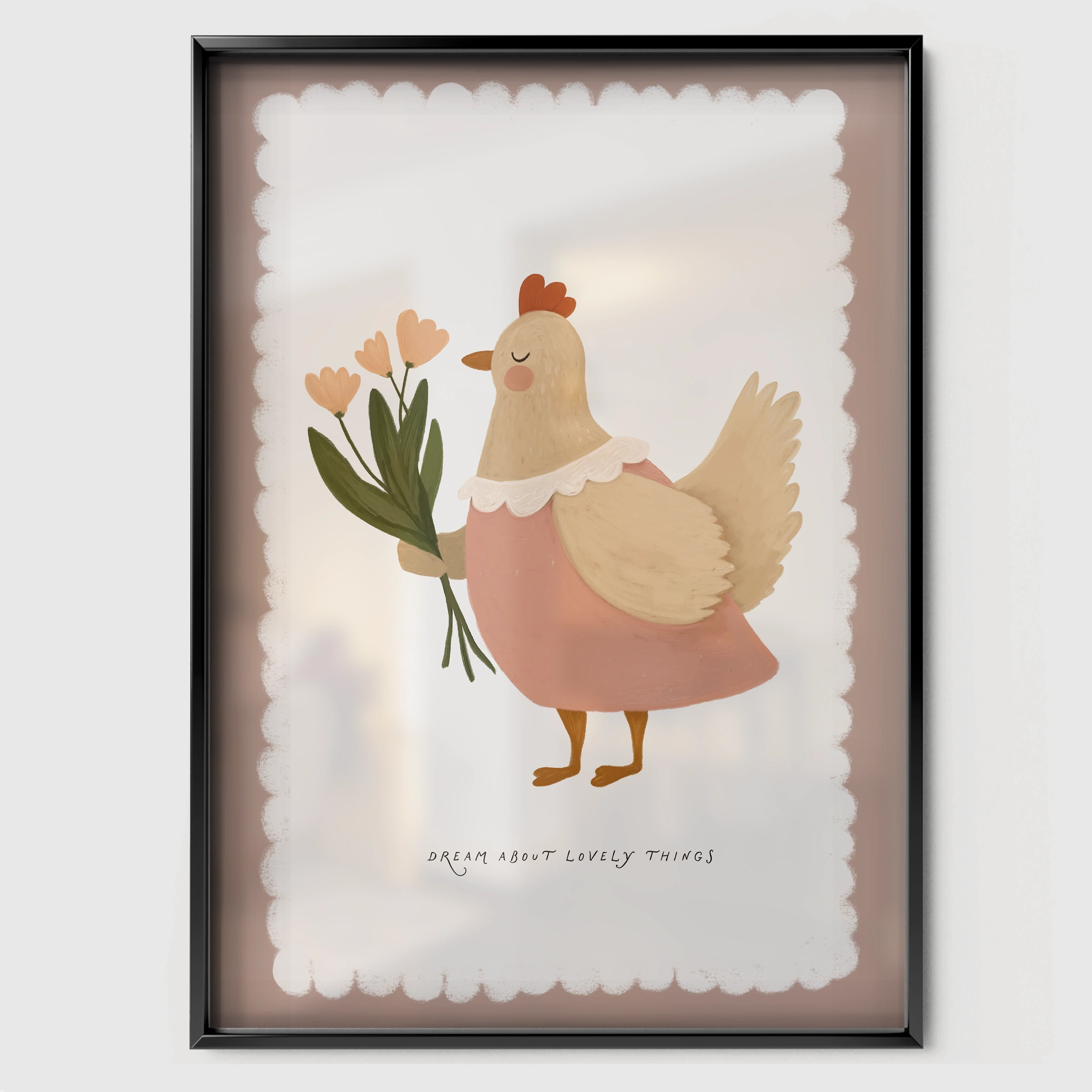 Chicken with a Flower Nursery Print - black framed nursery wall art print