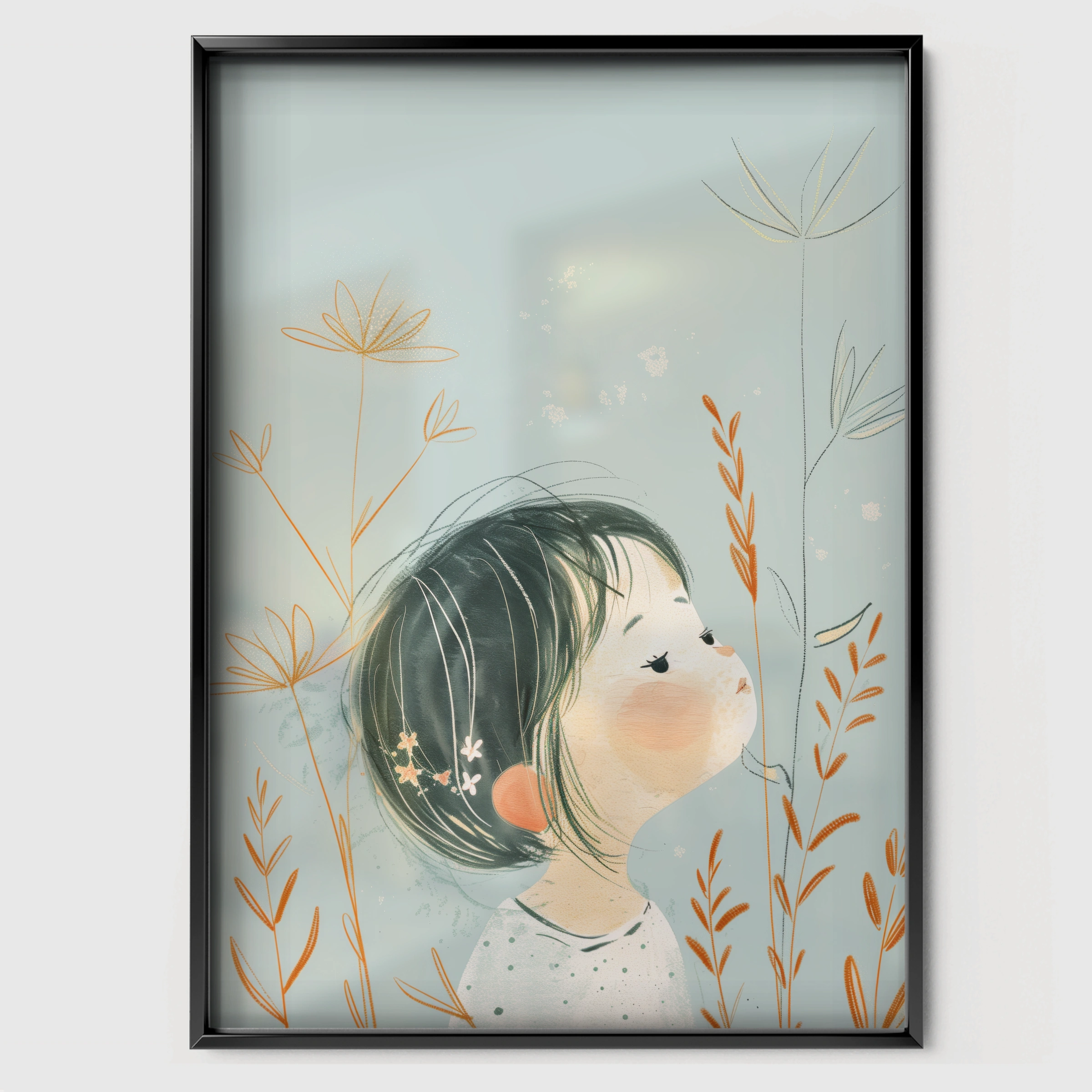 Child and a Flower Nursery Print - black framed nursery wall art print