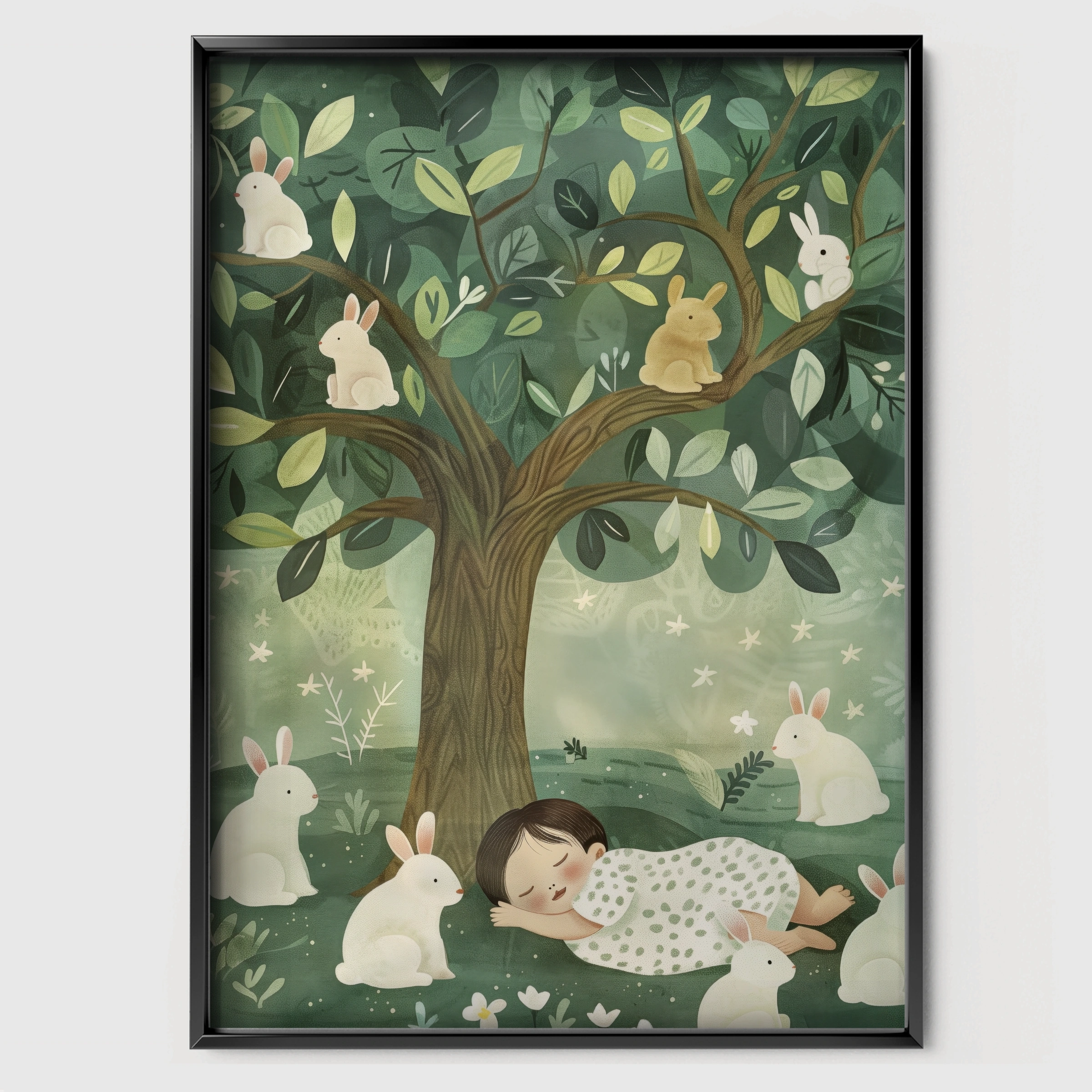 Child Sleeping with Bunnies Nursery Print - black framed nursery wall art print