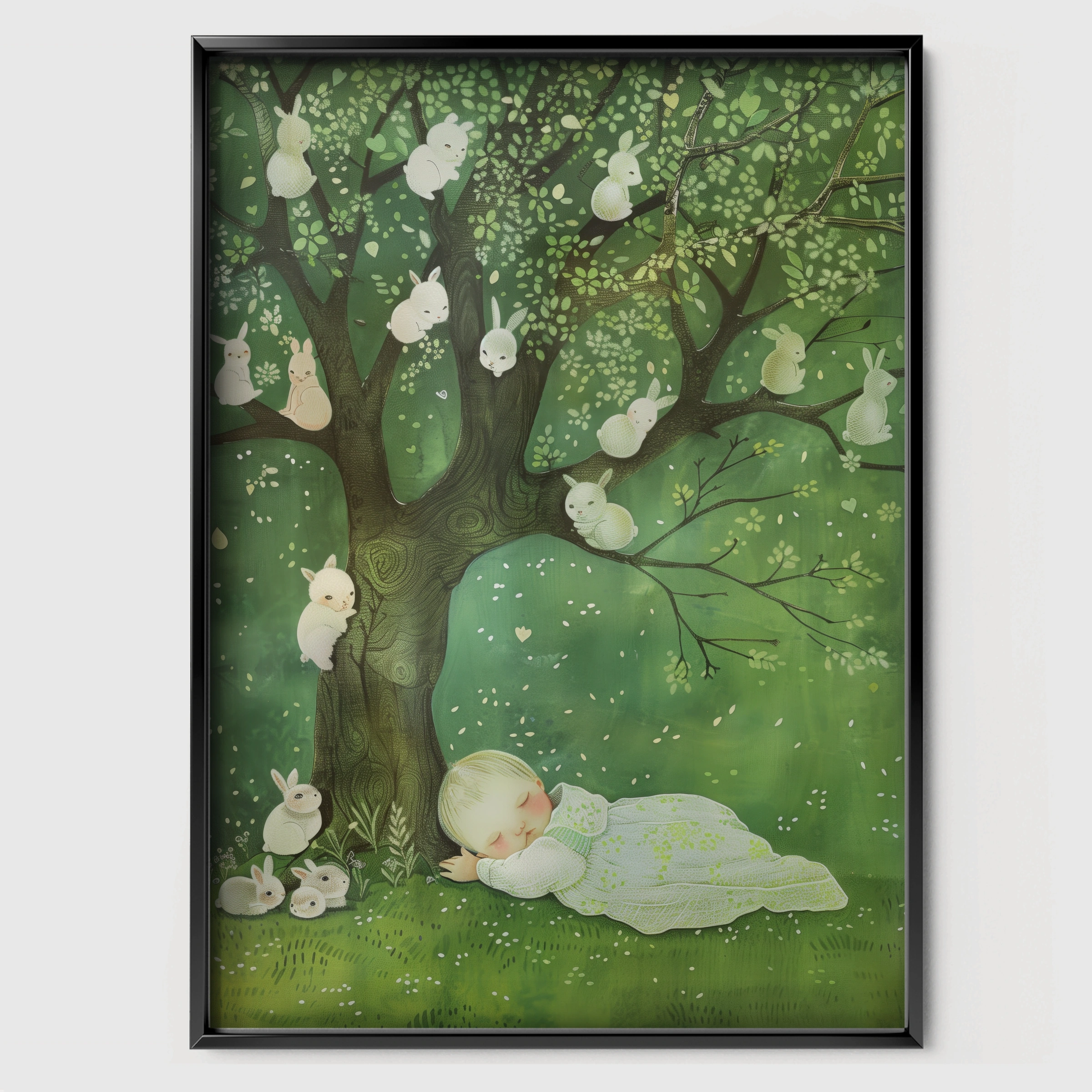 Child Under a Tree Nursery Print - black framed nursery wall art print