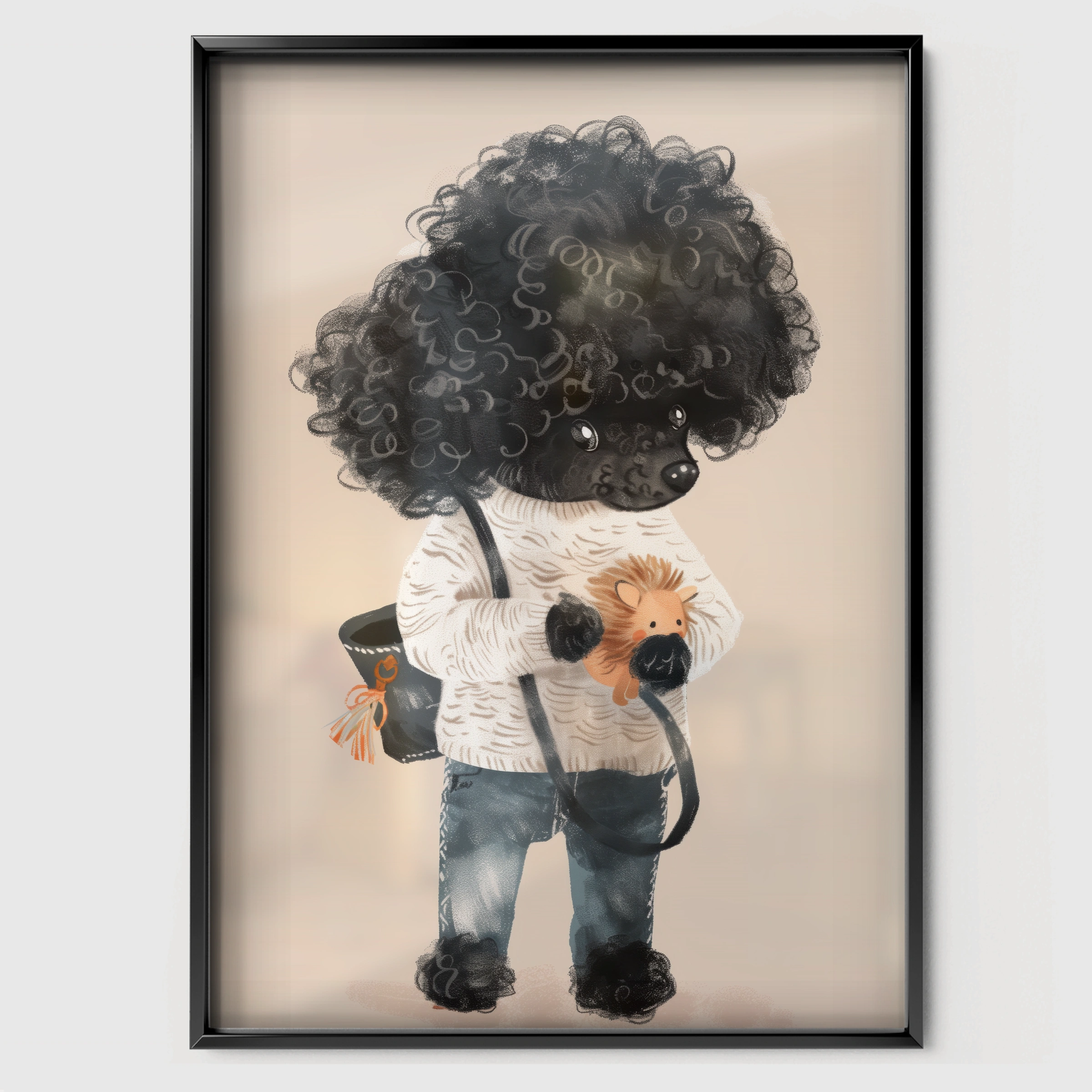 Child with a Poodle Nursery Print - black framed nursery wall art print
