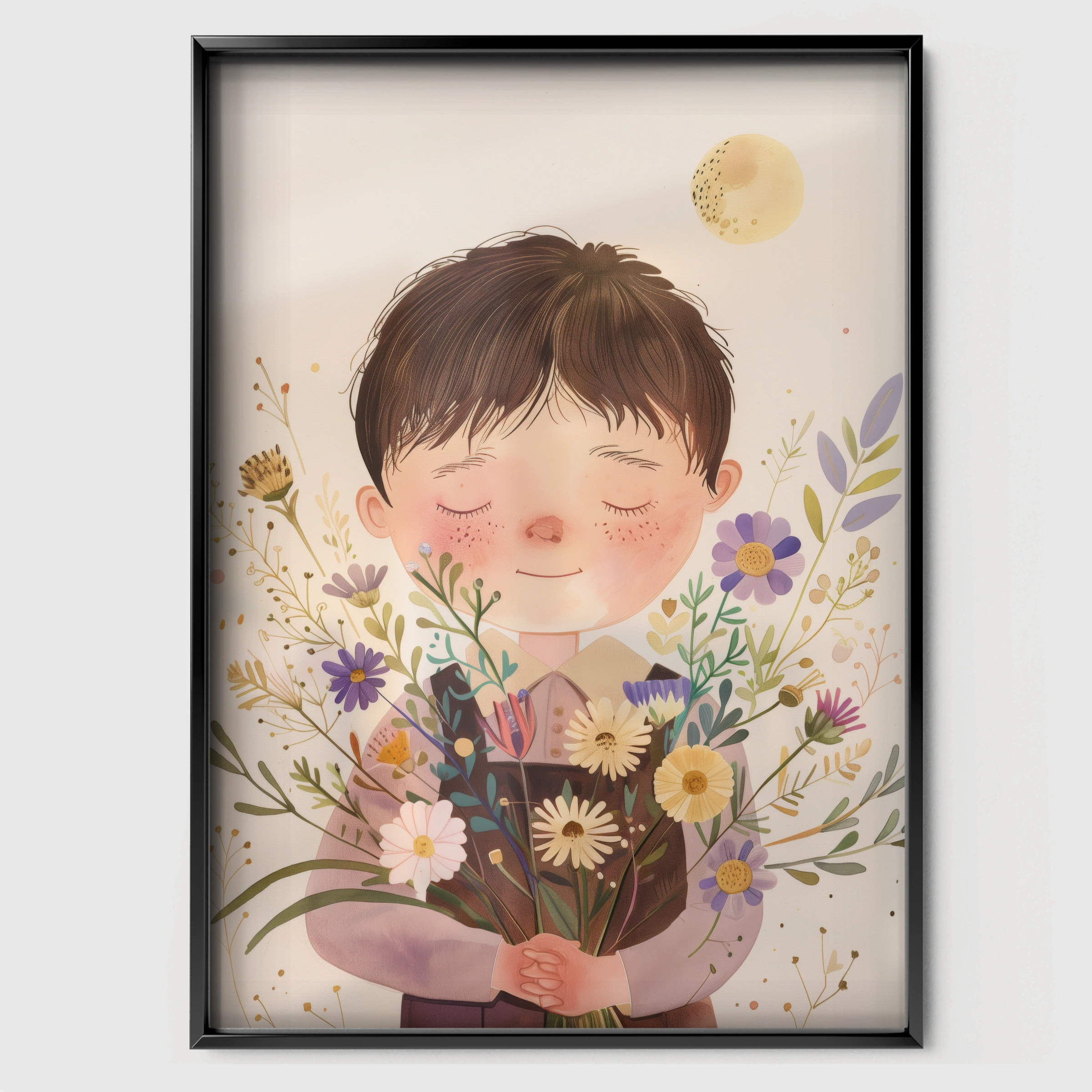 Child with Flowers Nursery Print - black framed nursery wall art print