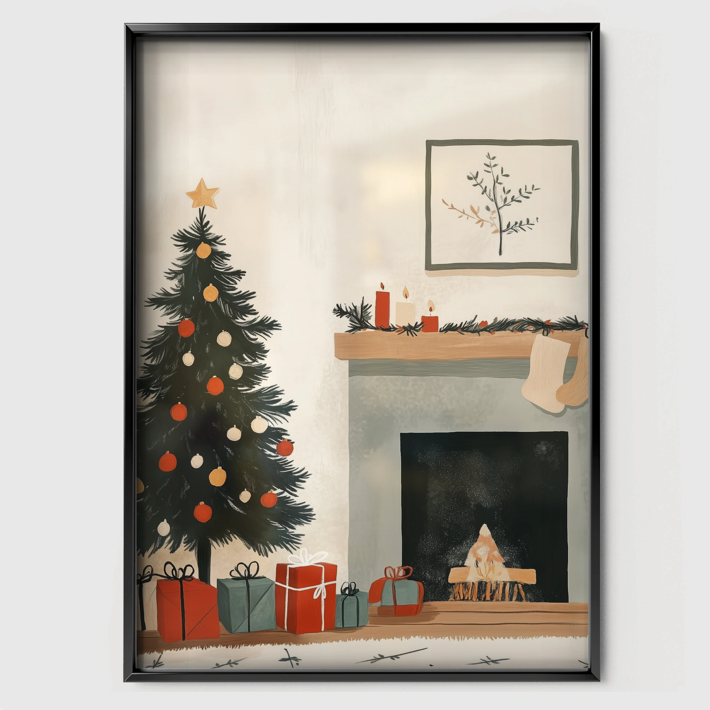 Christmas Tree and Fireplace Print - black framed nursery wall art print