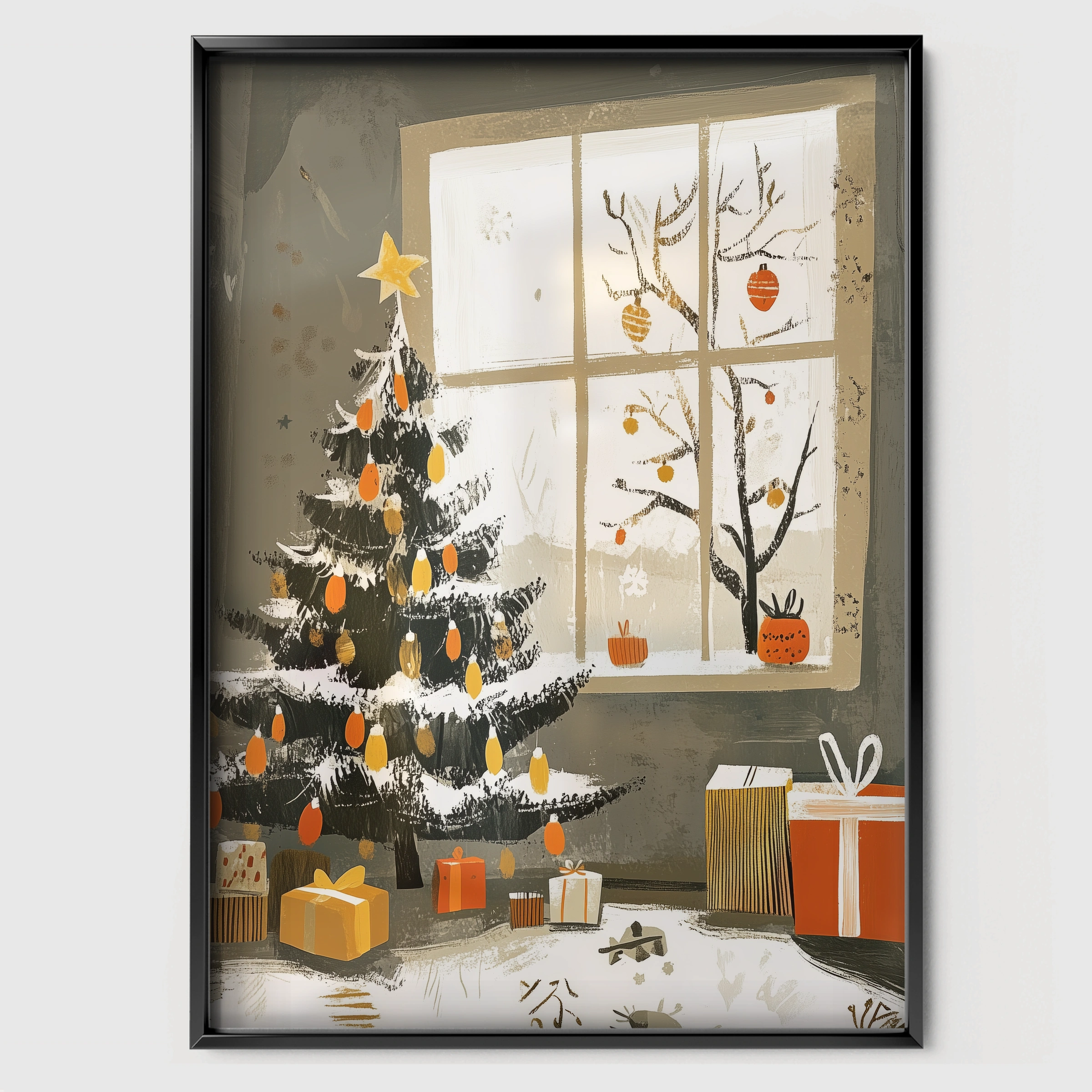 Christmas Tree by the Window Christmas Print - black framed nursery wall art print