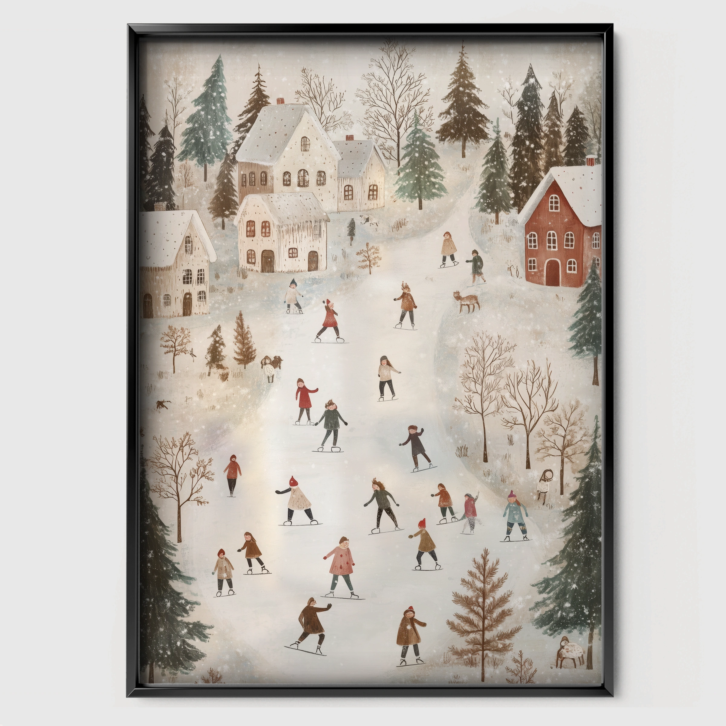 Christmas Village Skaters Two Print - black framed nursery wall art print