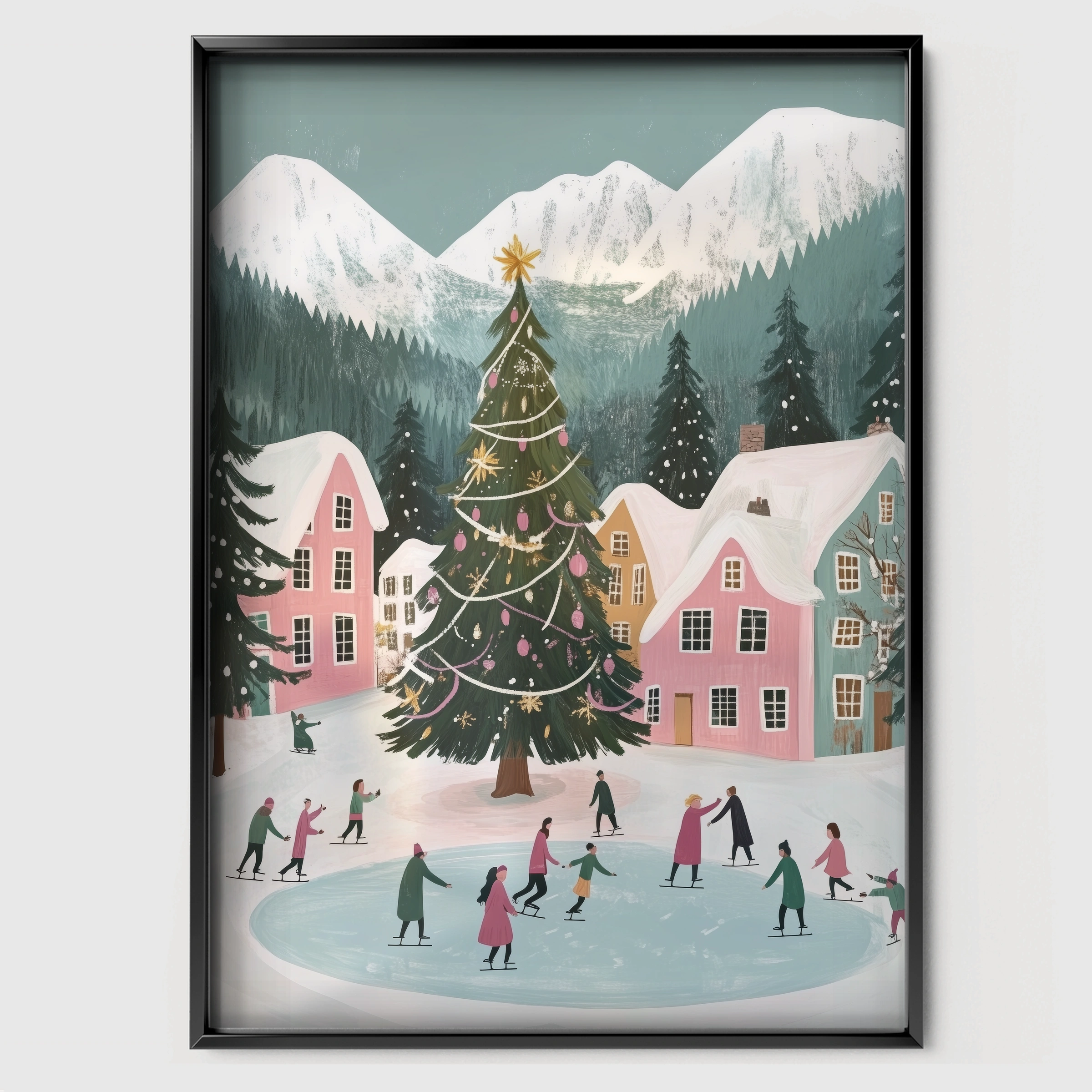 Christmas Village Skating Print - black framed nursery wall art print