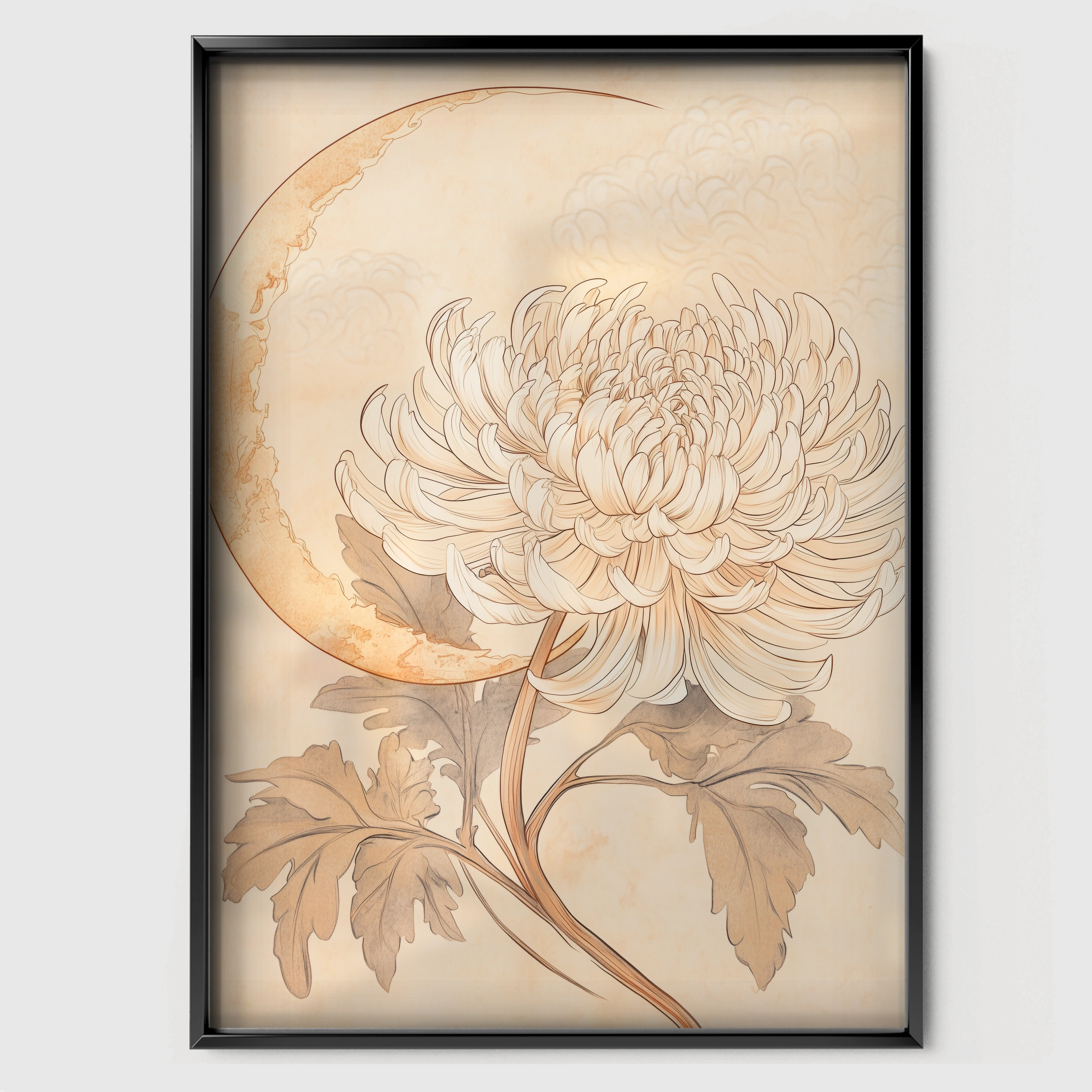 Chrysanthemum and Moon Nursery Print - black framed nursery wall art print