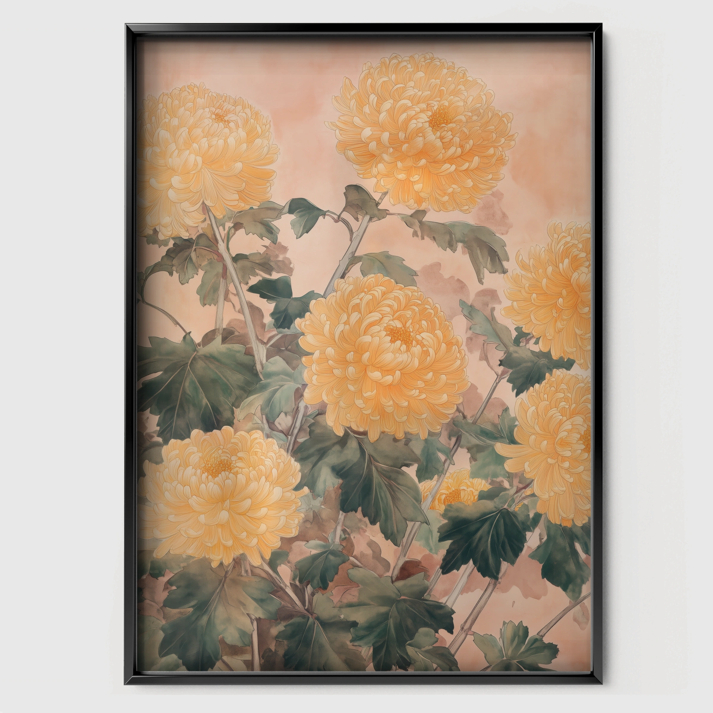 Chrysanthemums Nursery Print - black framed nursery wall art print