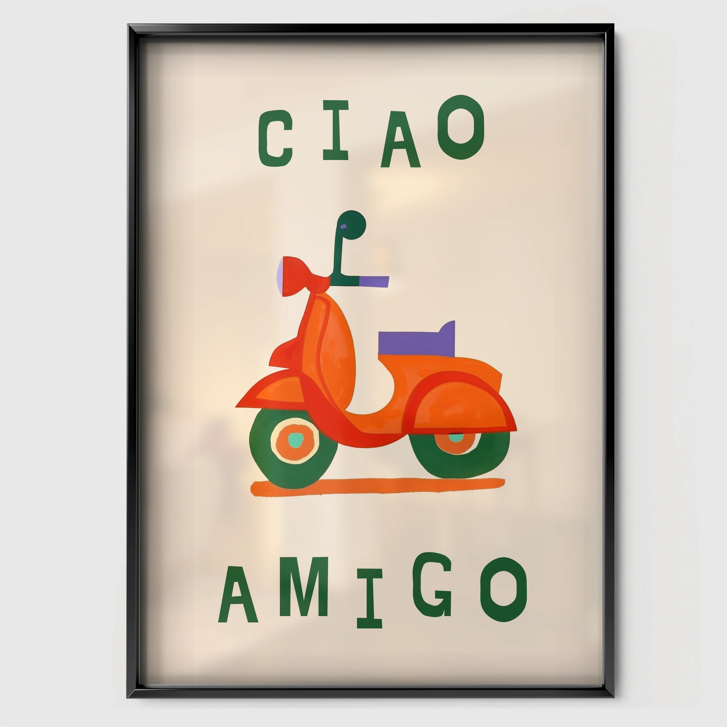 Ciao Amigo Scooter Nursery Print - black framed nursery wall art print
