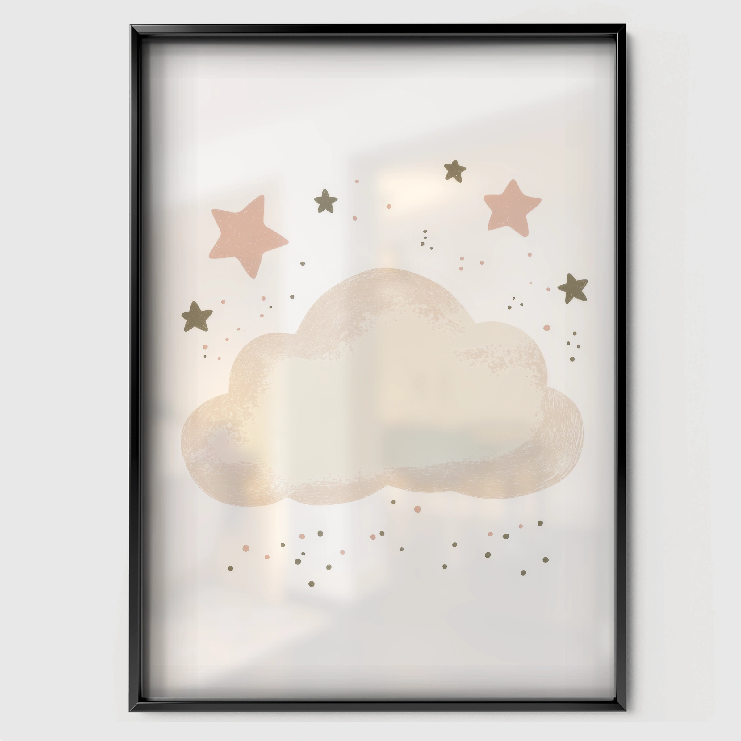 Cloud and Stars Nursery Print - black framed nursery wall art print