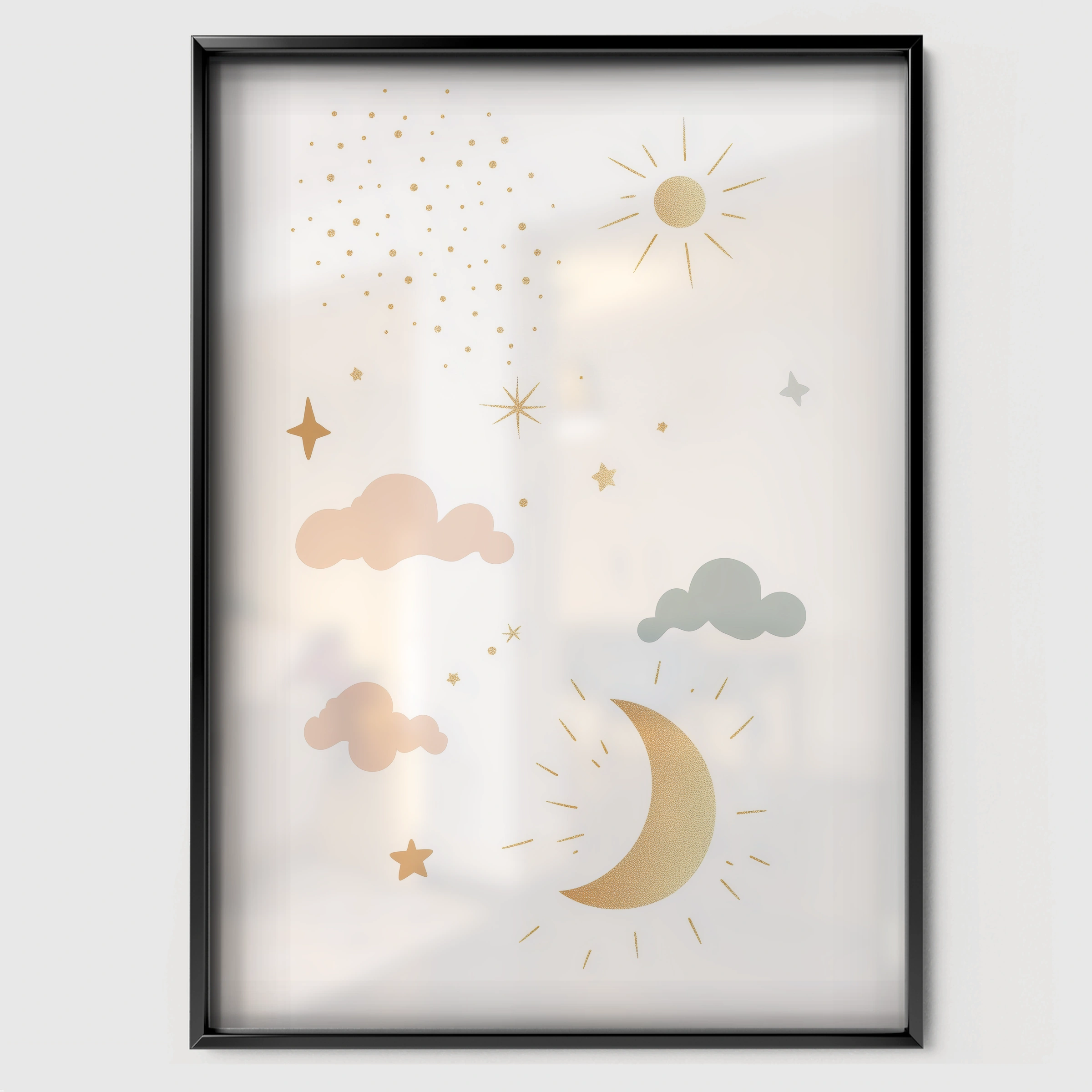 Clouds and Moon Nursery Print - black framed nursery wall art print