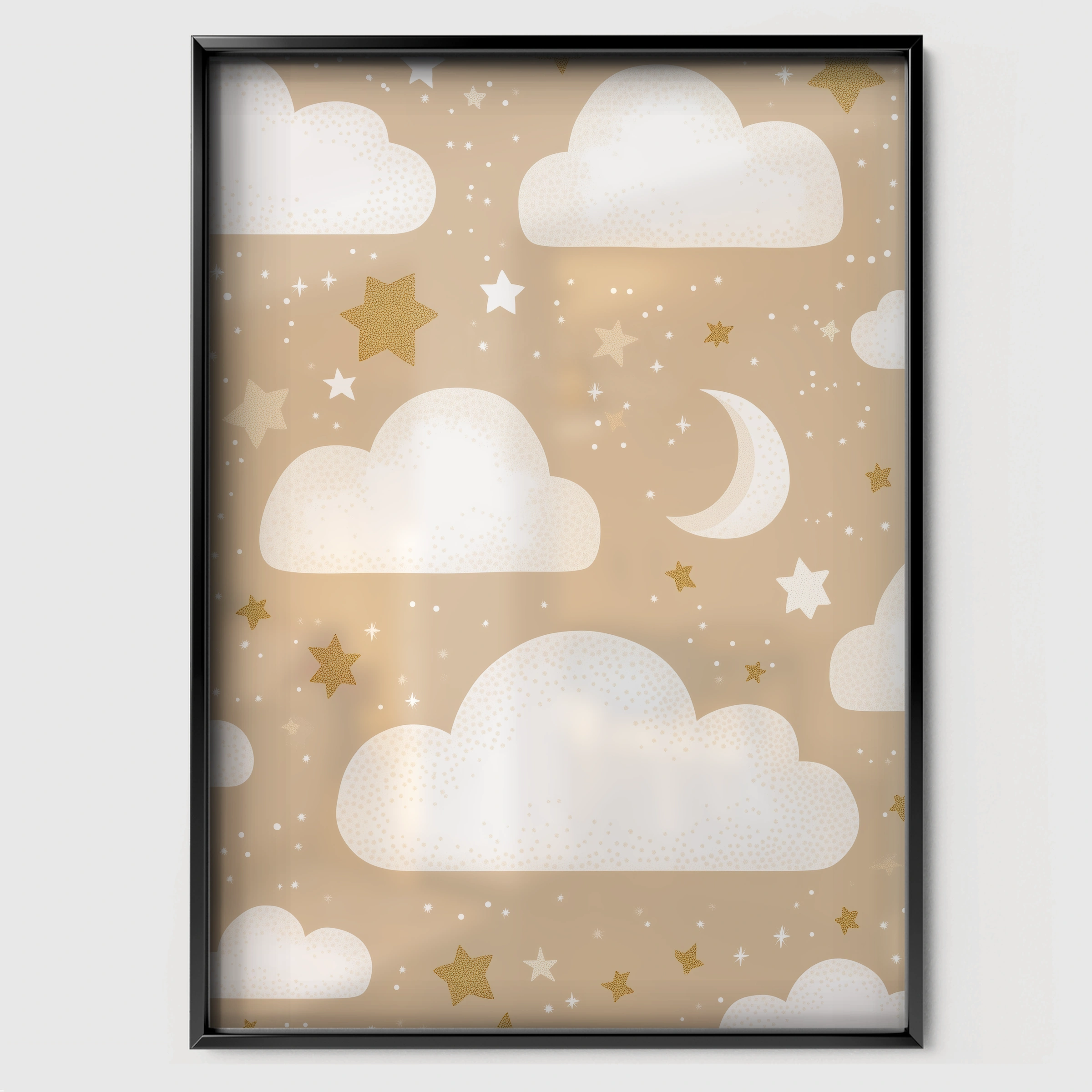 Clouds and Stars Nursery Print - black framed nursery wall art print