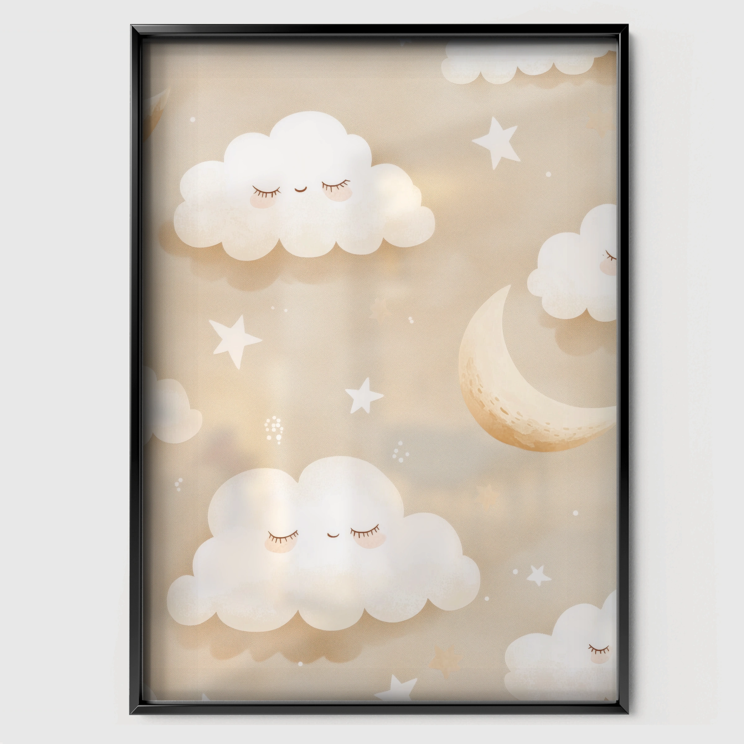 Clouds Moon Stars Nursery Print - black framed nursery wall art print