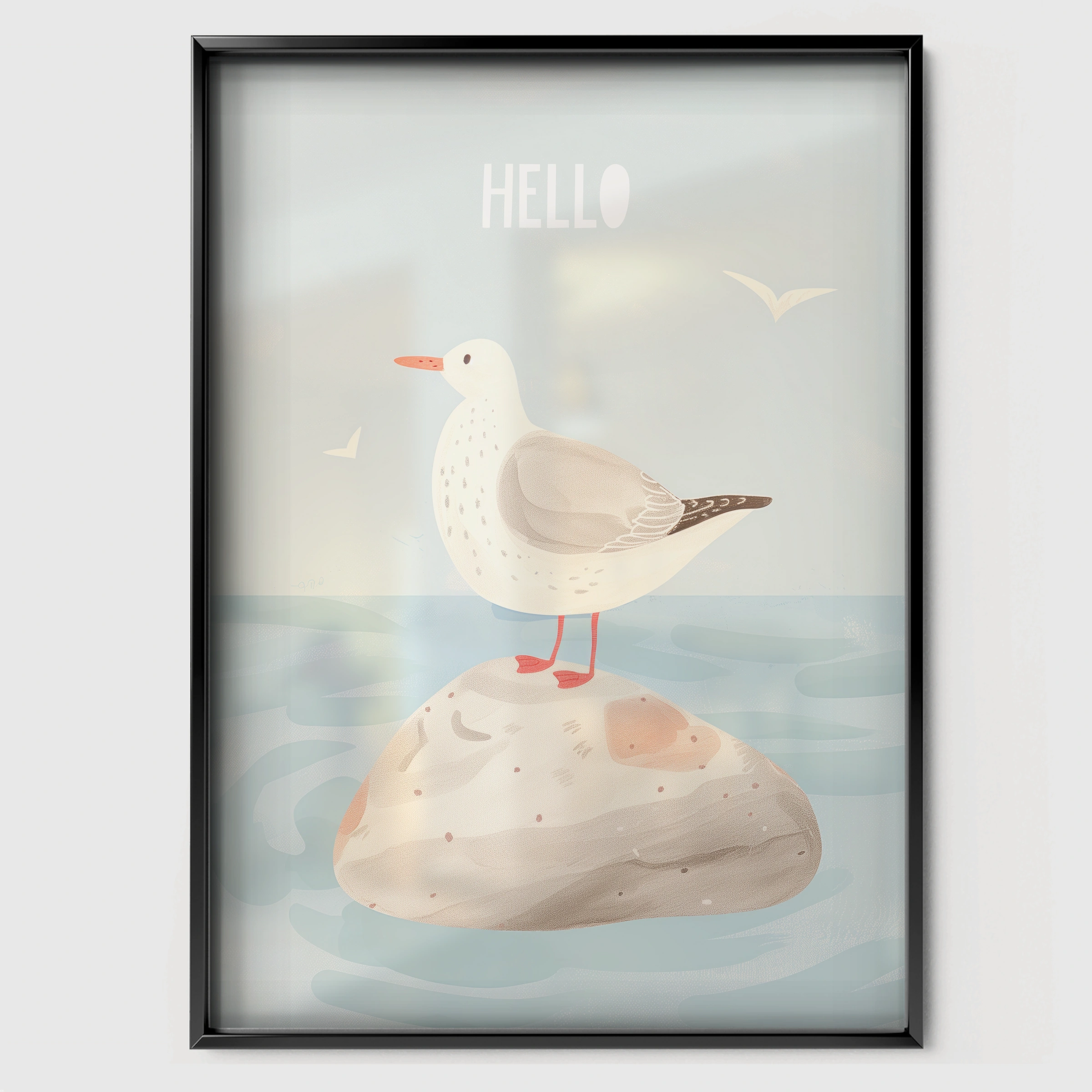 Coastal Seagull Nursery Print - black framed nursery wall art print
