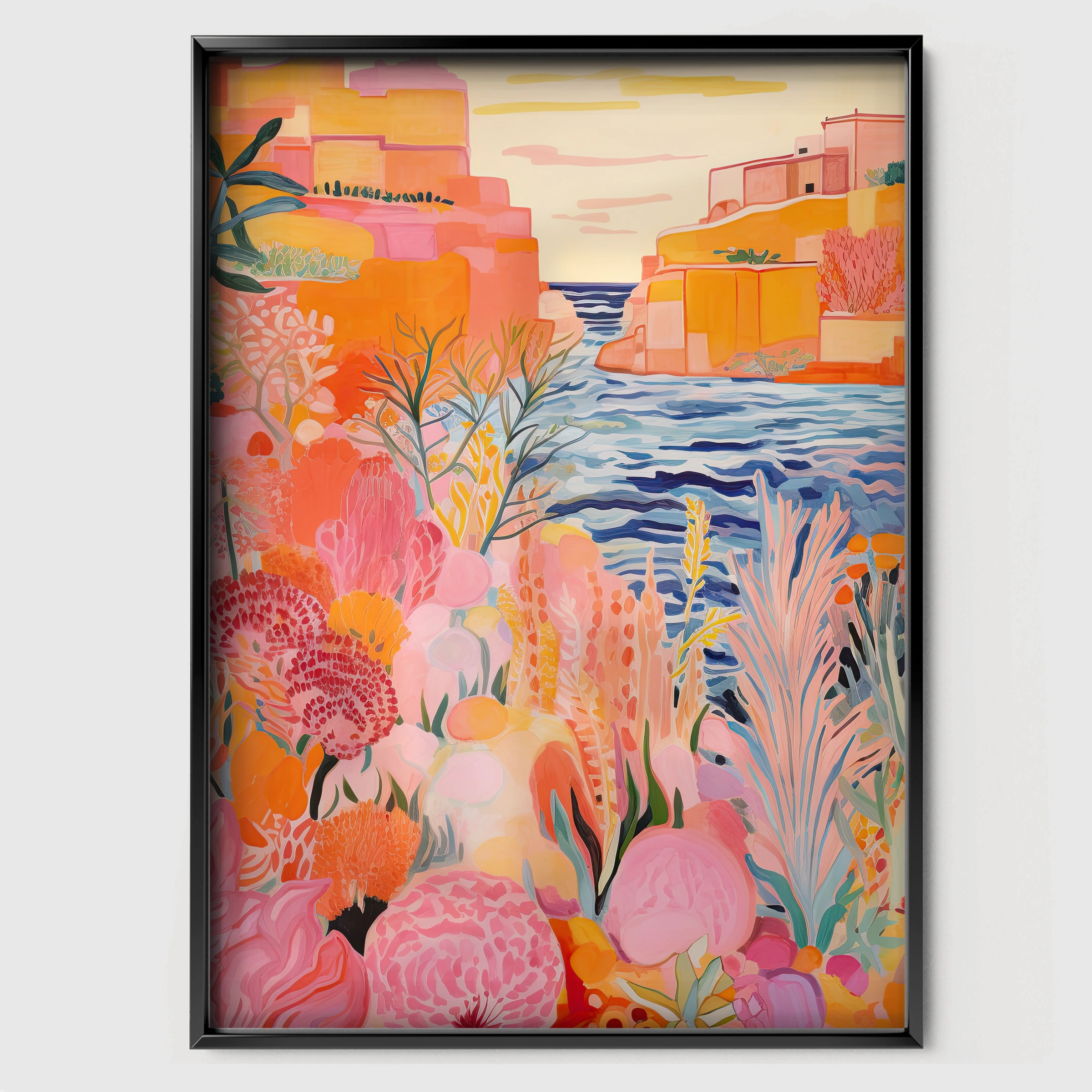 Coastal Town Nursery Print - black framed nursery wall art print