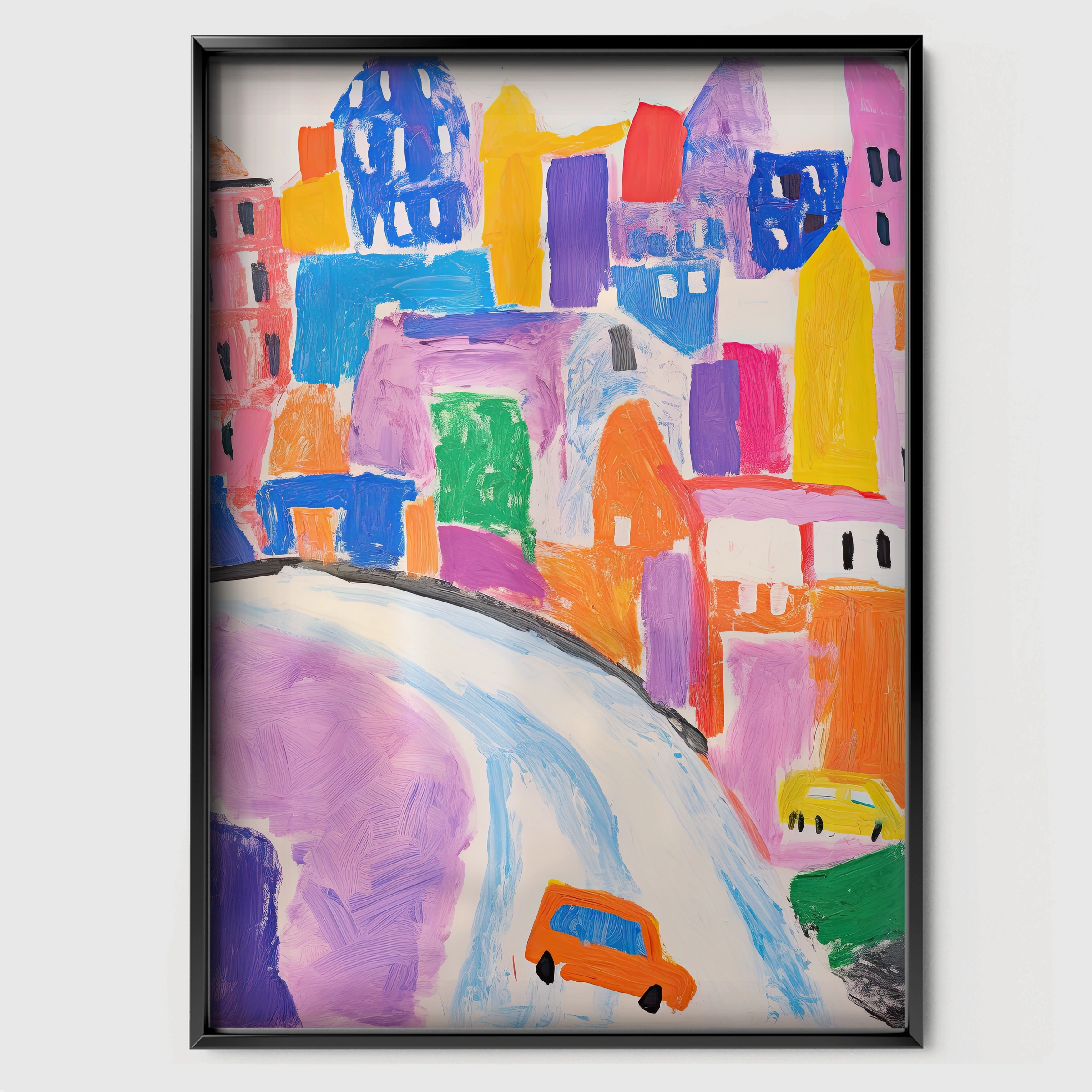 Colourful City Nursery Print - black framed nursery wall art print
