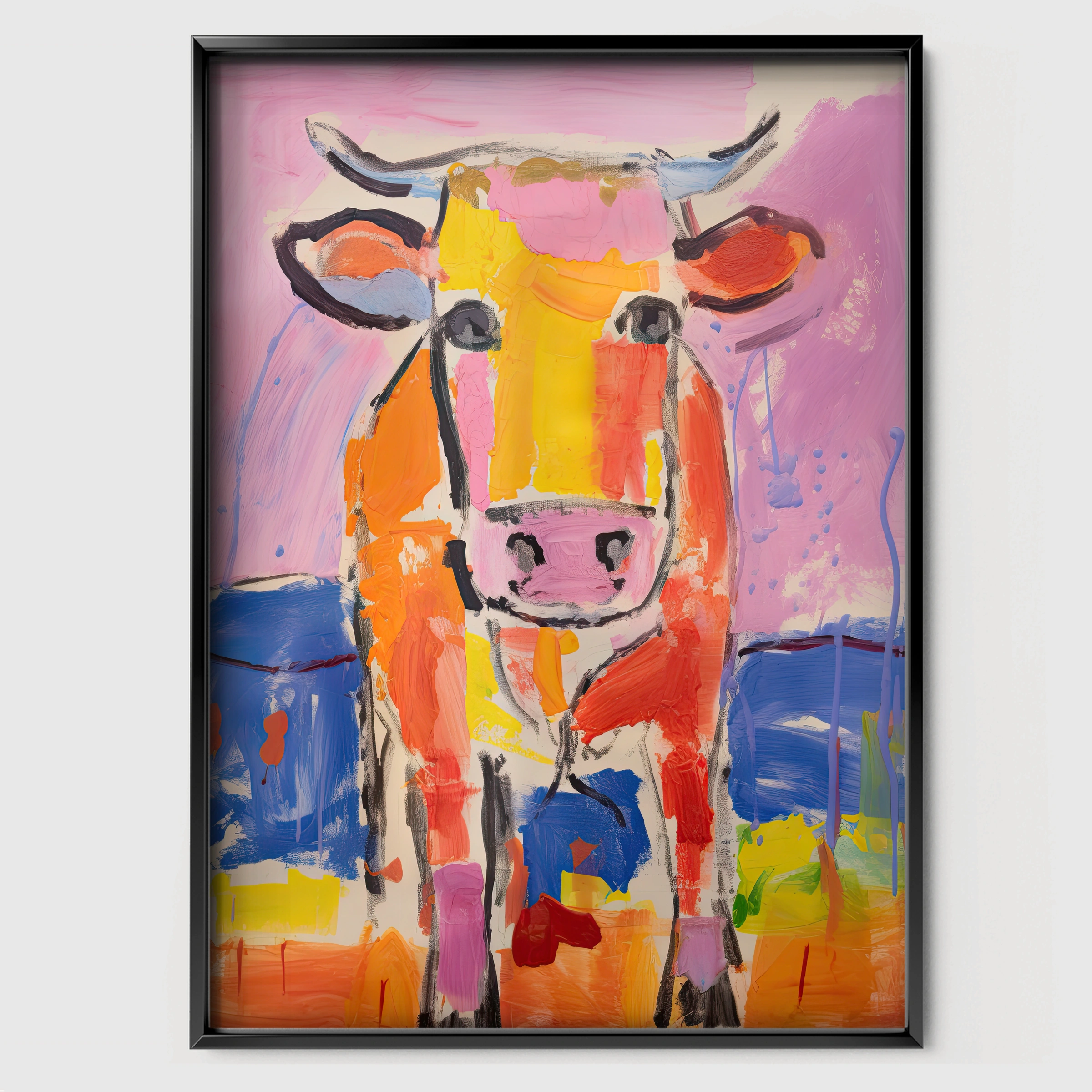 Colourful Cow Nursery Print - black framed nursery wall art print